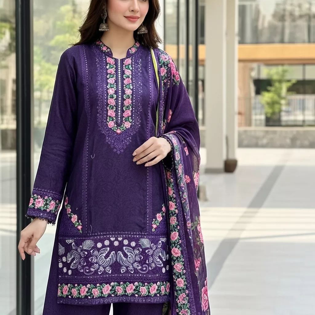 Purple Winter Cotton 3 piece Stitched Suit