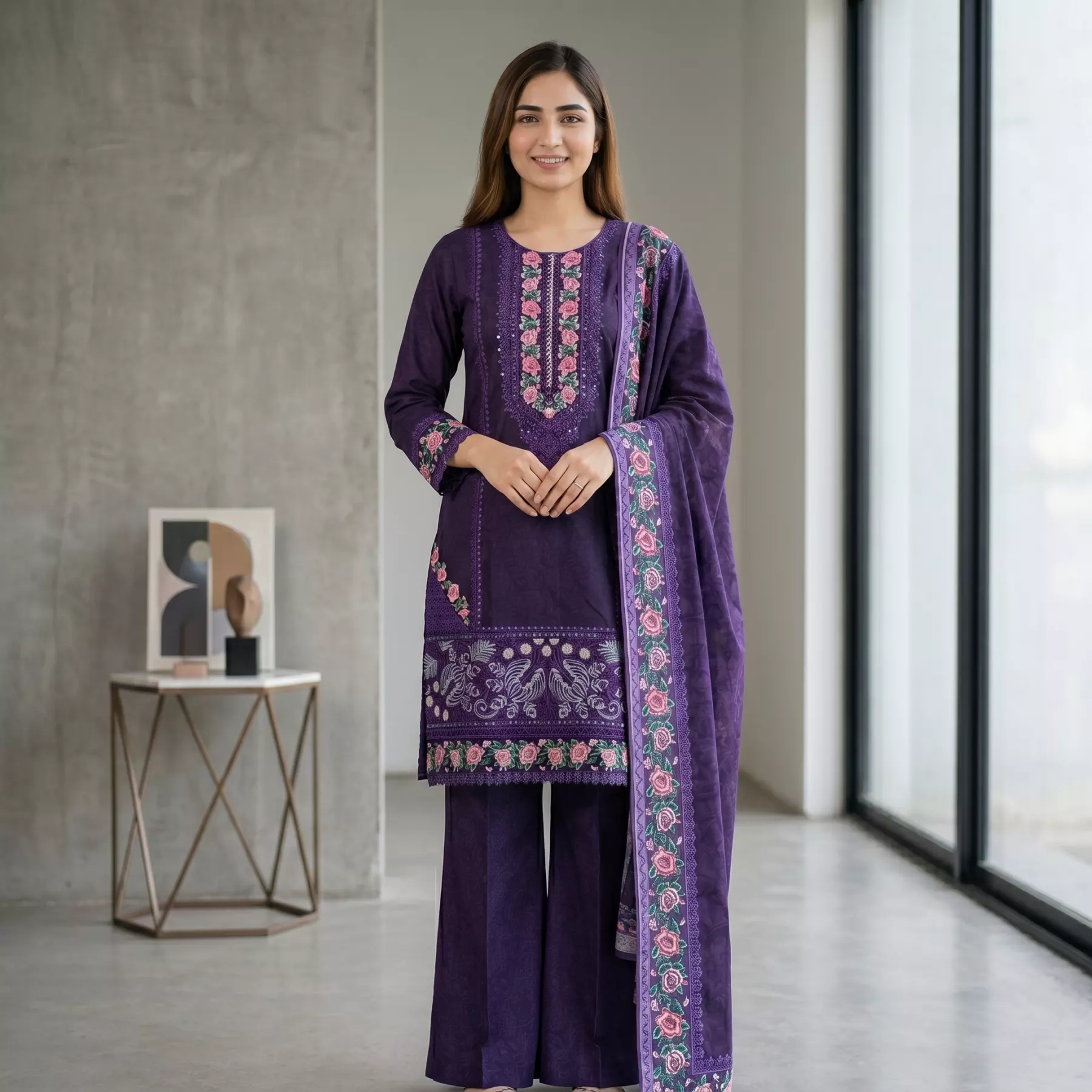Purple Winter Cotton 3 piece Stitched Suit