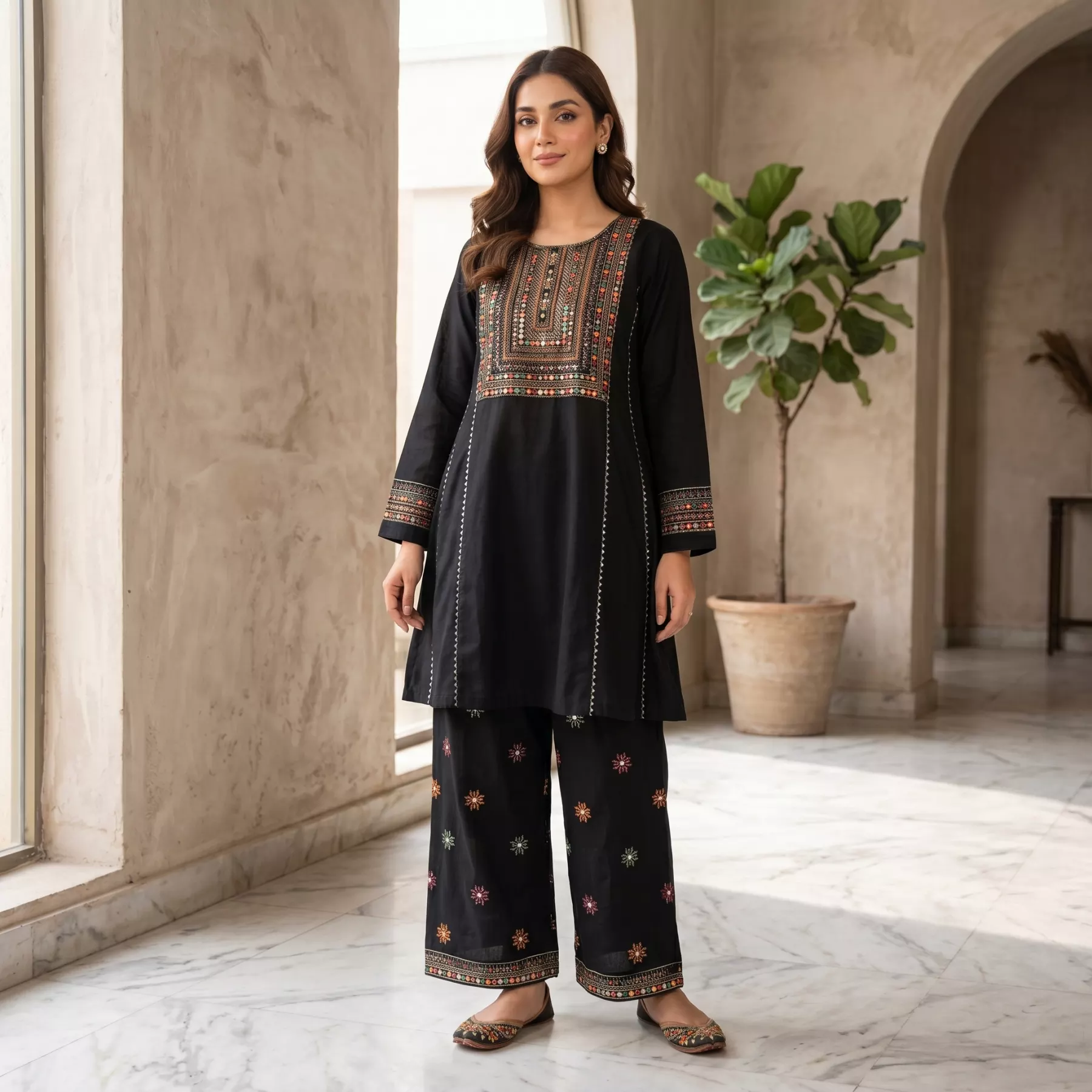 Black 3 piece Embroidered Mirror Work Frock