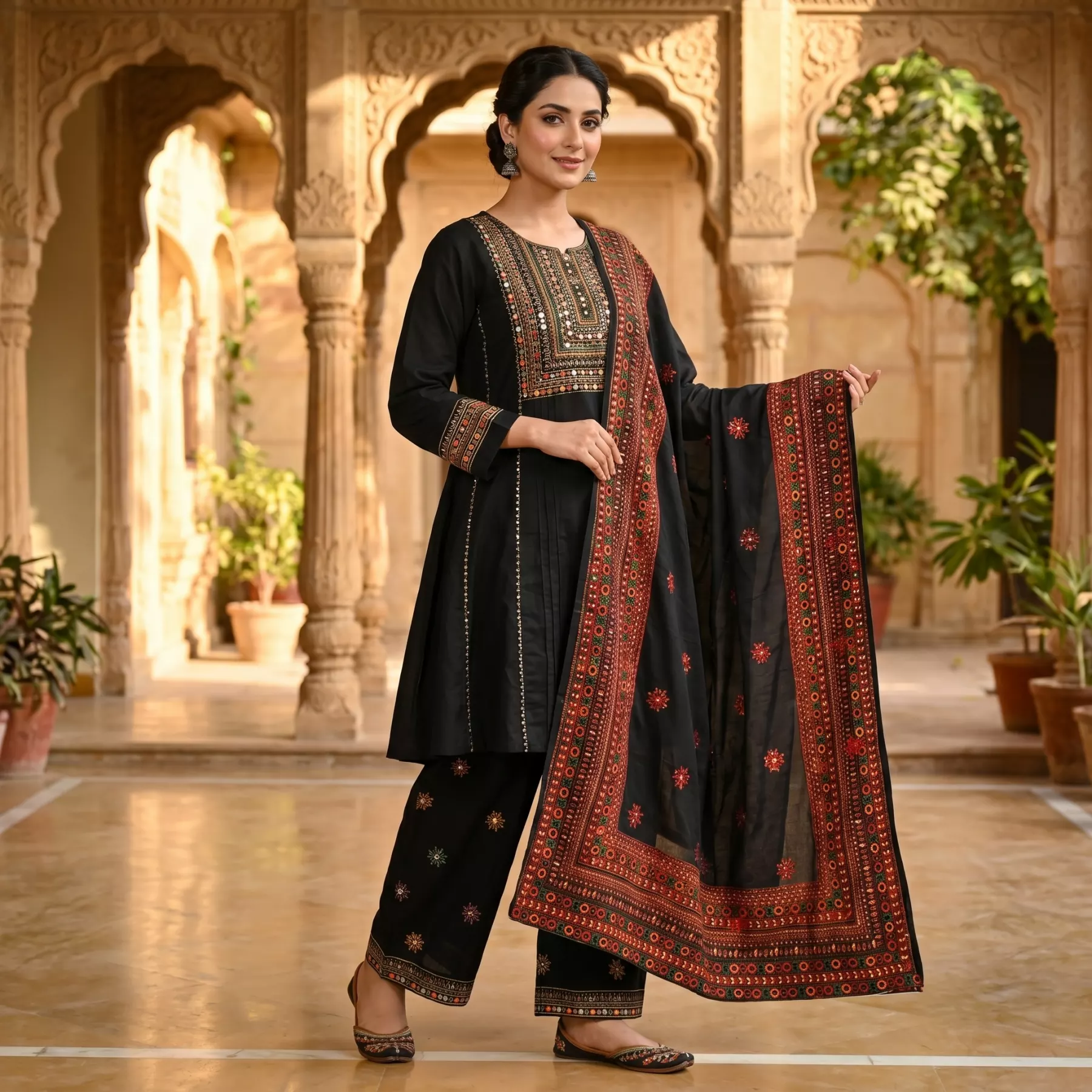 Black 3 piece Embroidered Mirror Work Frock