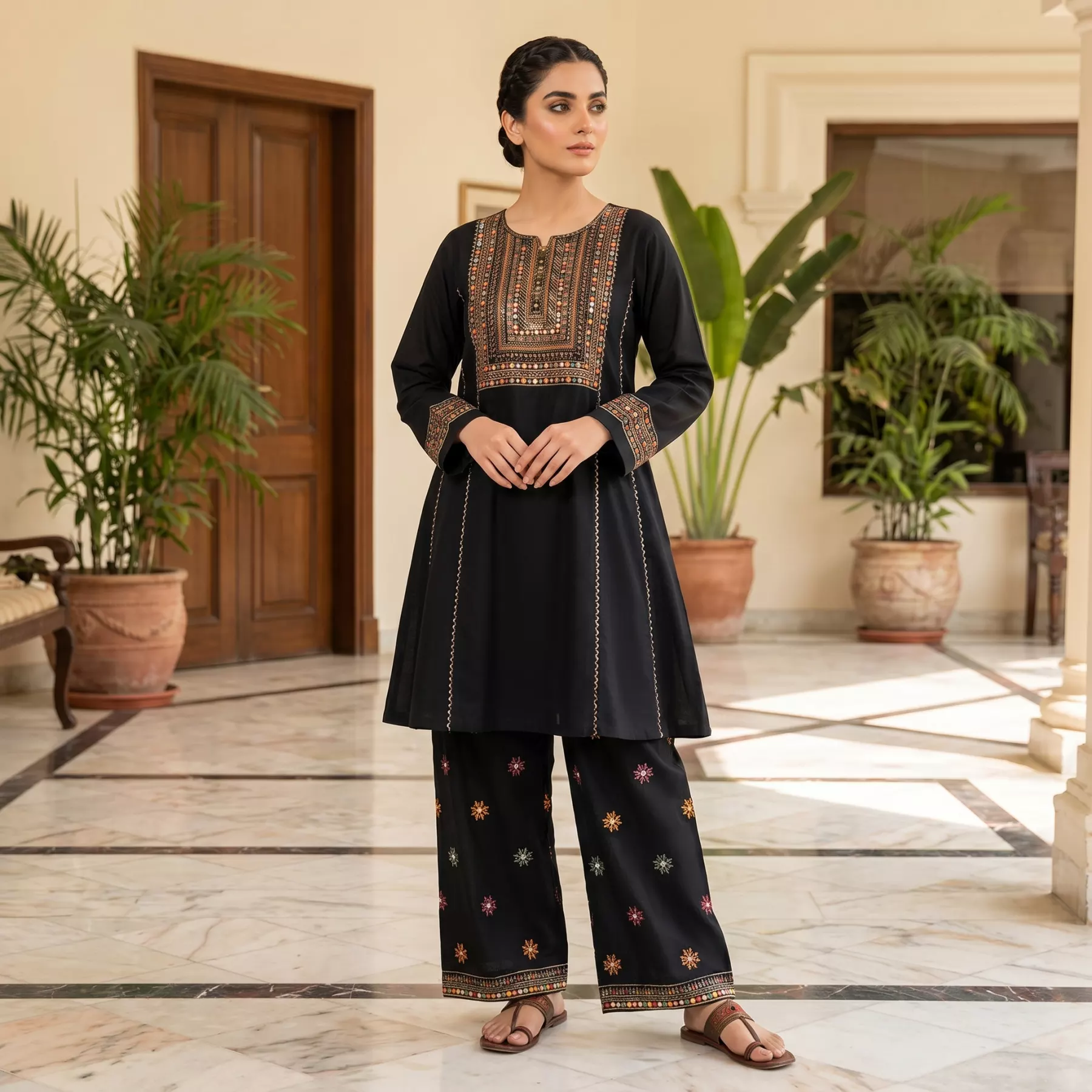 Black 3 piece Embroidered Mirror Work Frock