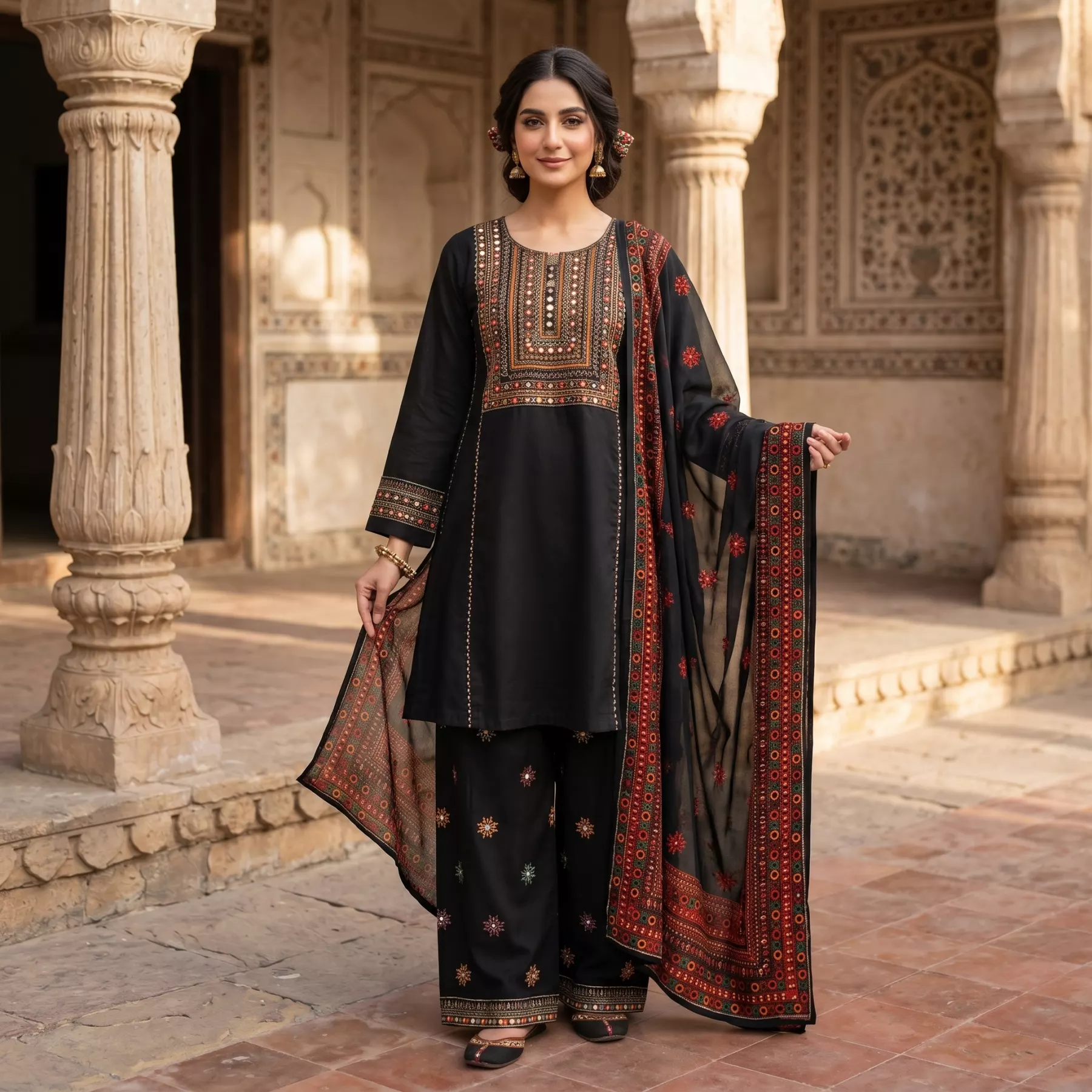 Black 3 piece Embroidered Mirror Work Frock