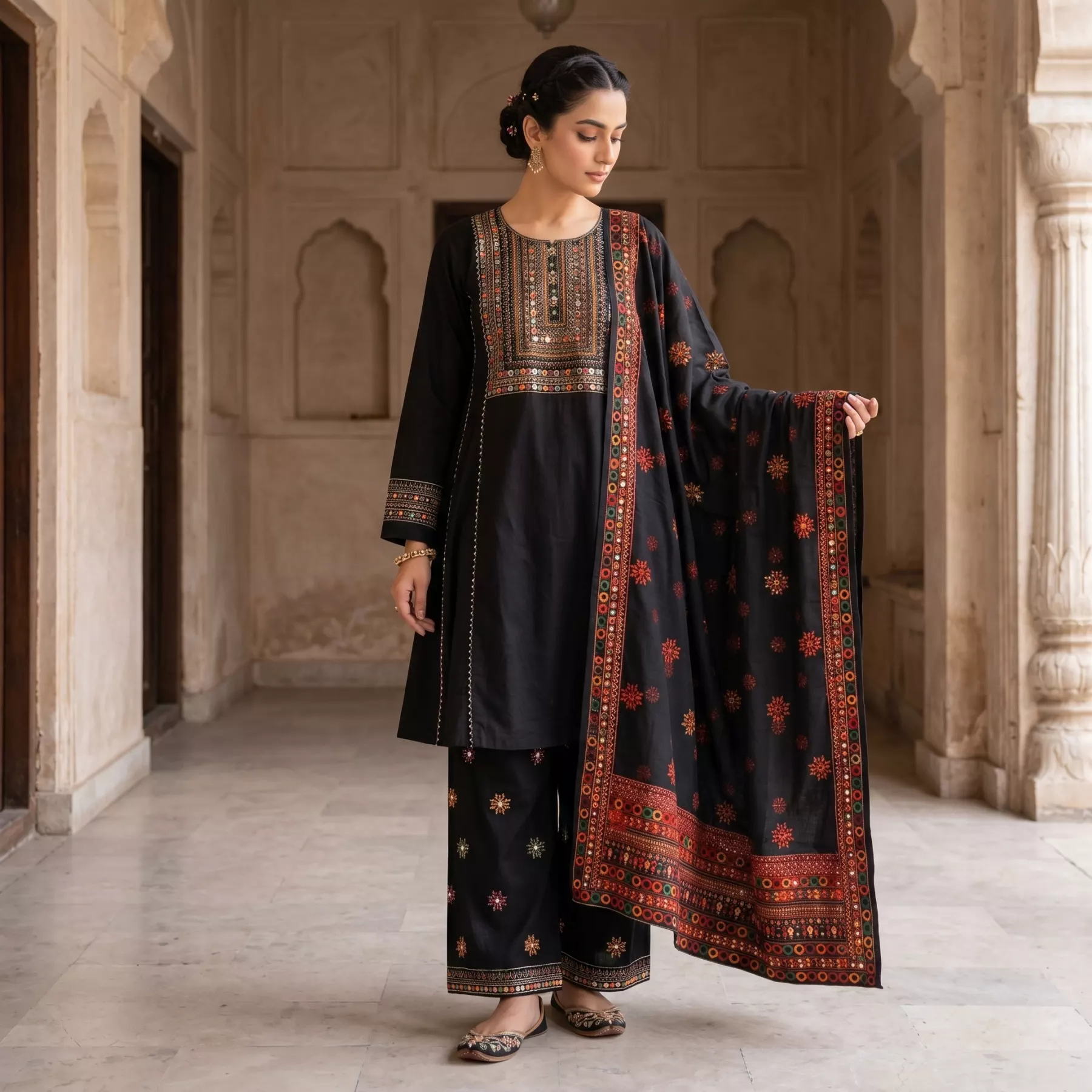 Black 3 piece Embroidered Mirror Work Frock