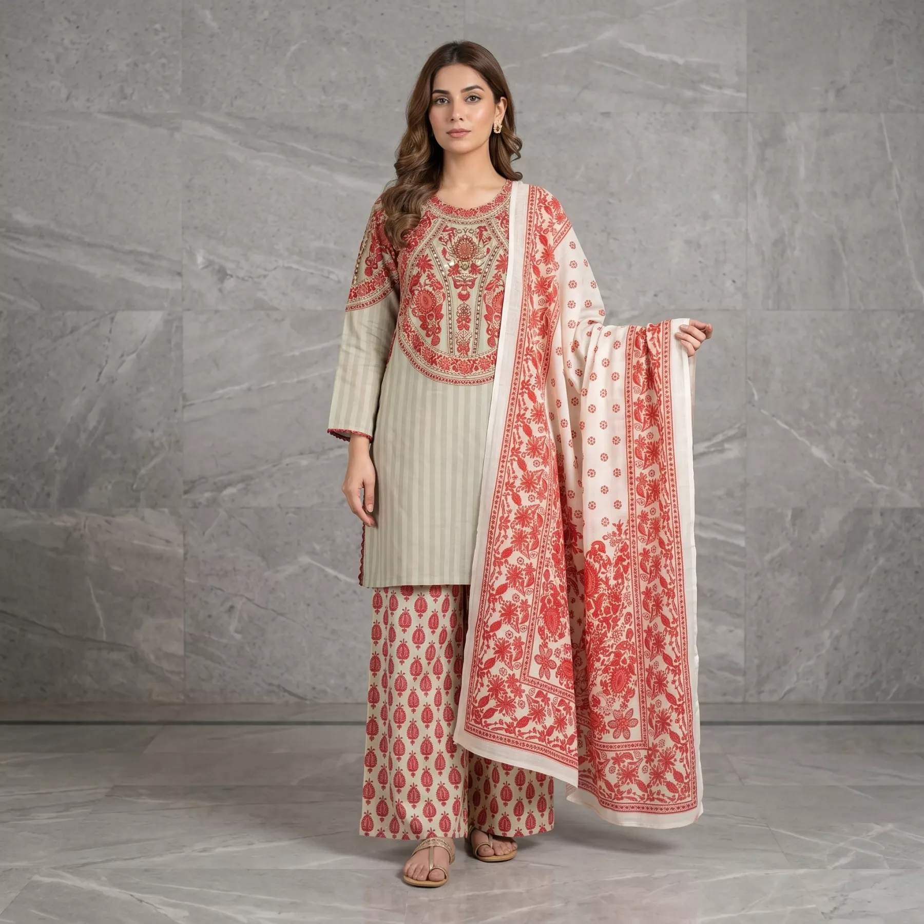 Elegant Red and Cream 3 Piece Printed Dress with Hand Bead Work