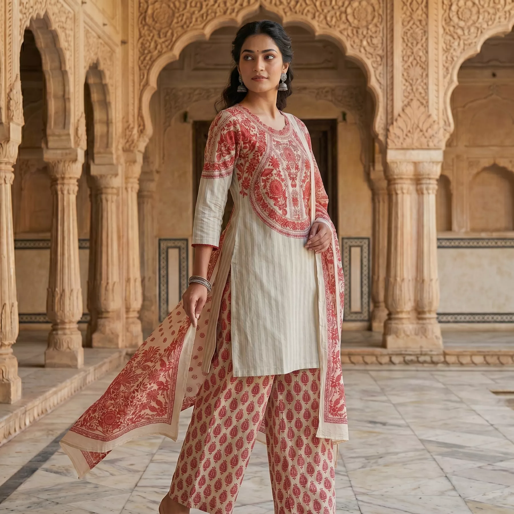 Elegant Red and Cream 3 Piece Printed Dress with Hand Bead Work