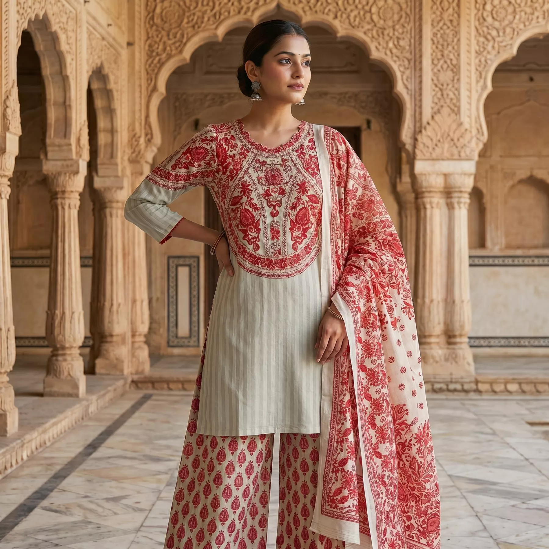 Elegant Red and Cream 3 Piece Printed Dress with Hand Bead Work