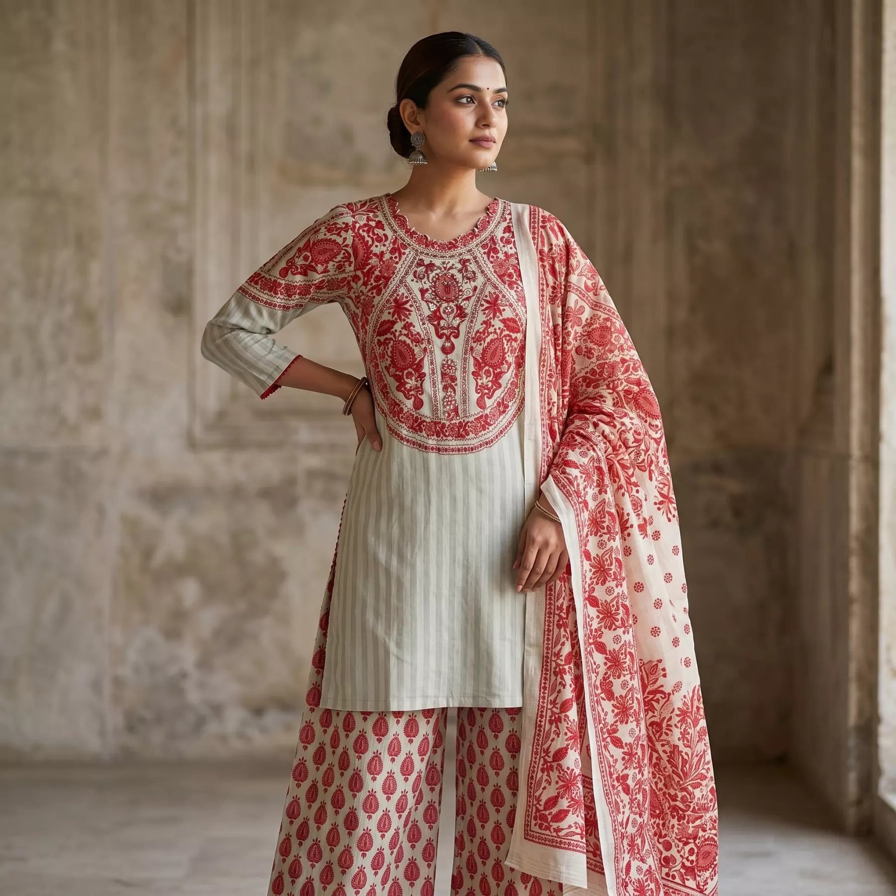 Elegant Red and Cream 3 Piece Printed Dress with Hand Bead Work