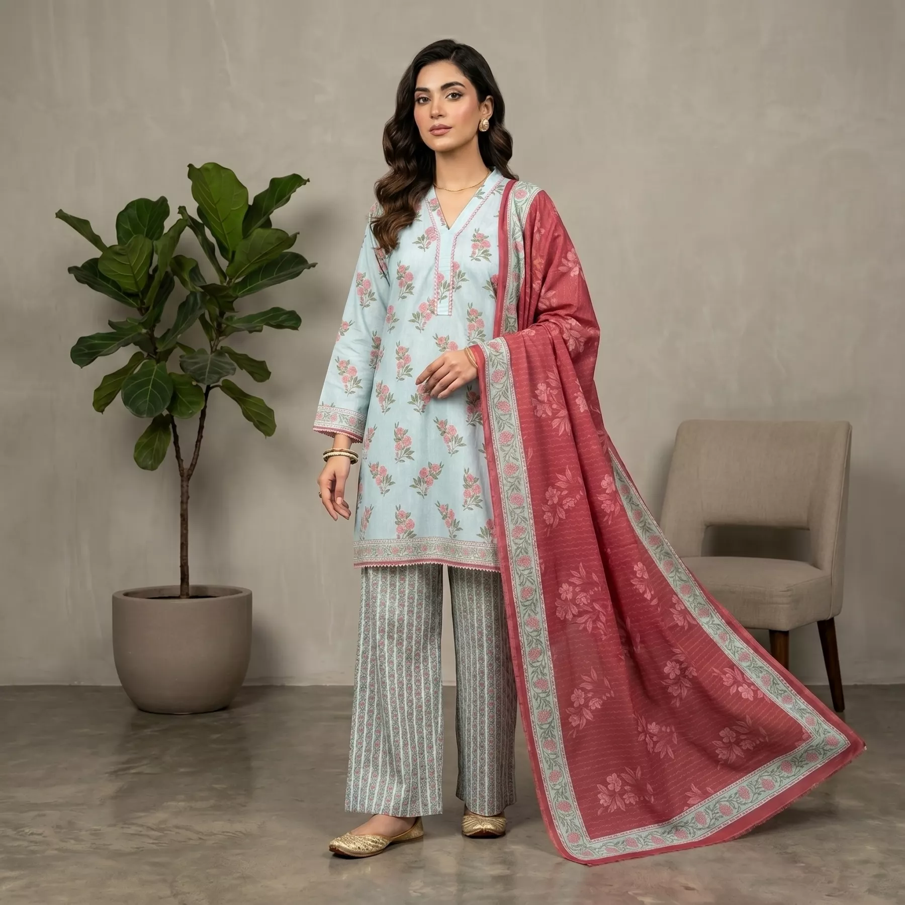 Skyblue 3 piece printed Lawn Stitched Suit