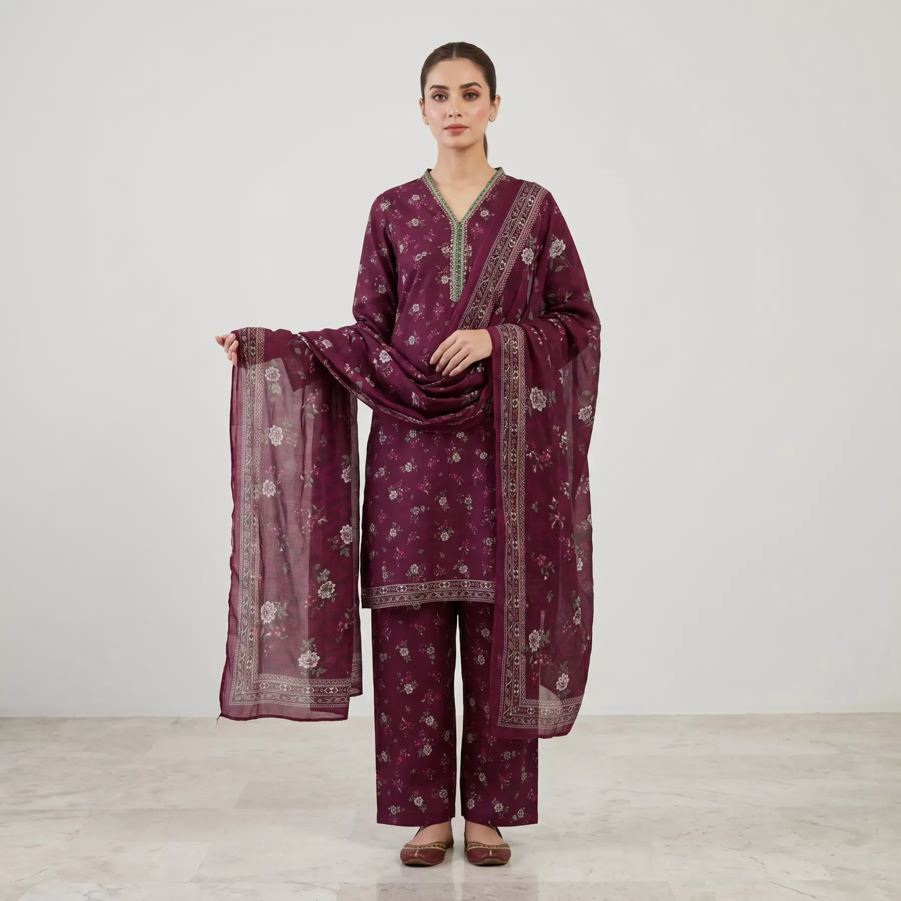 Maroon 3 piece Printed Stitched Suit