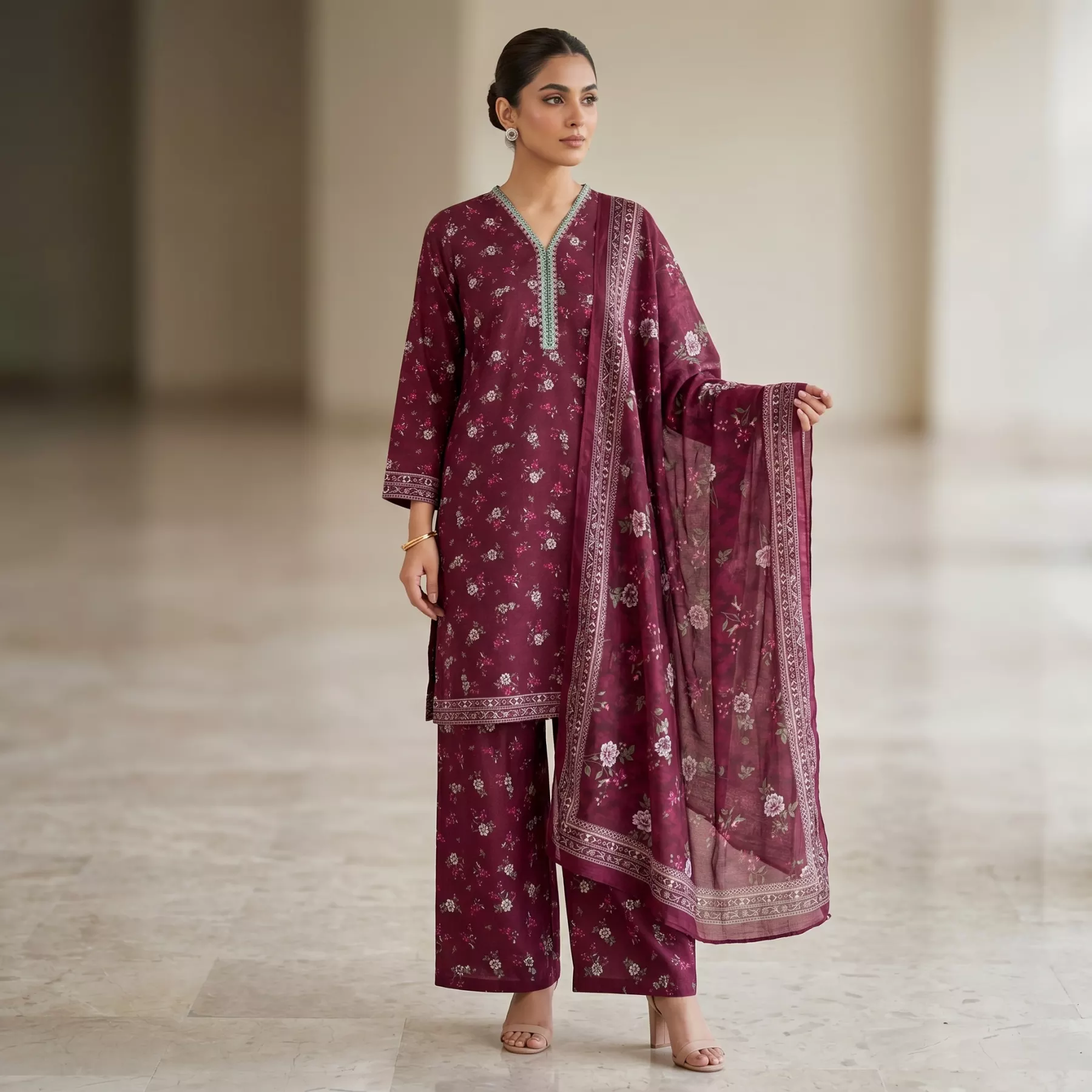 Maroon 3 piece Printed Stitched Suit