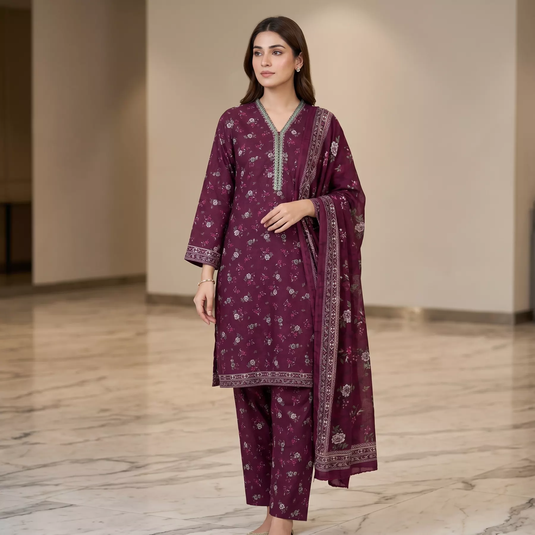 Maroon 3 piece Printed Stitched Suit