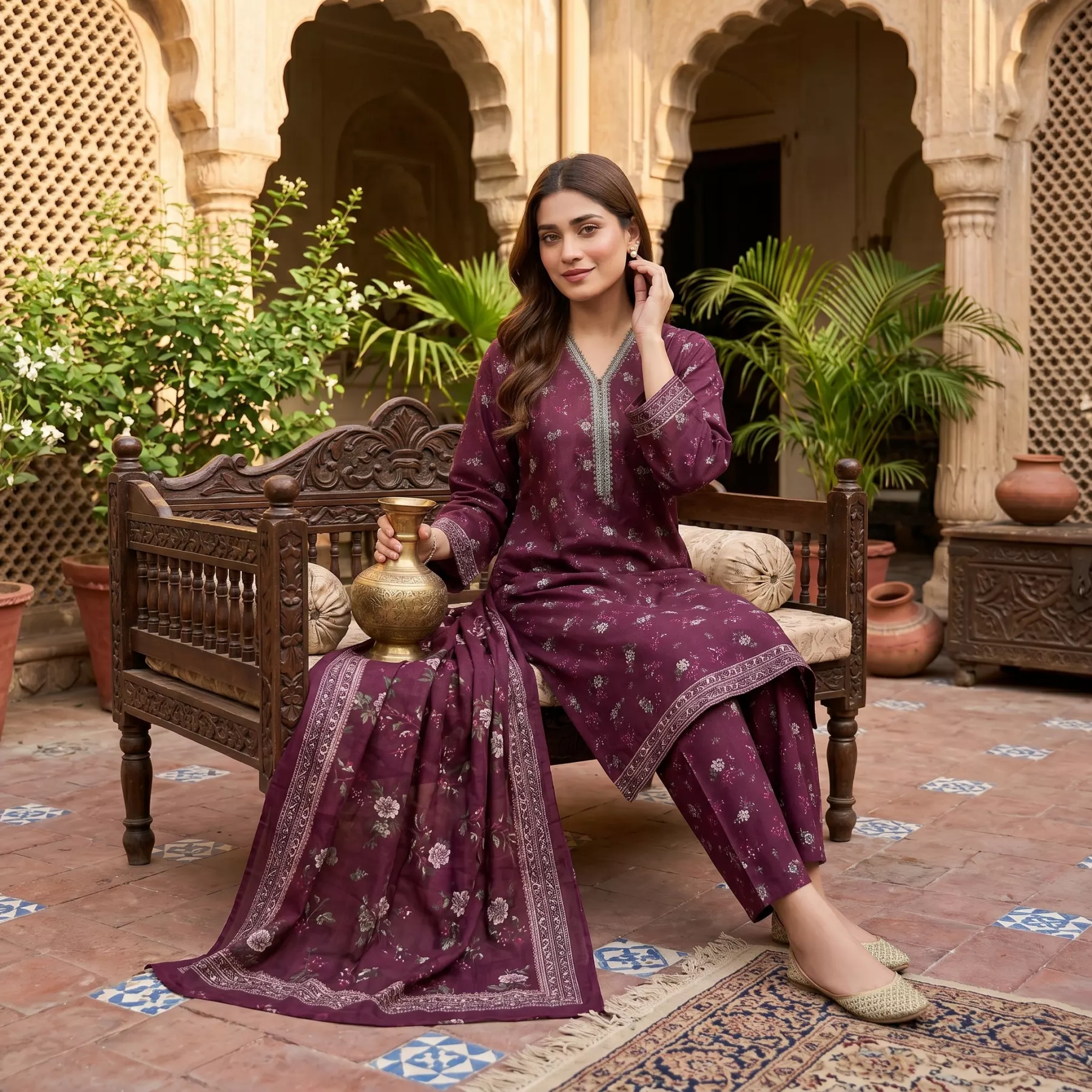 Maroon 3 piece Printed Stitched Suit