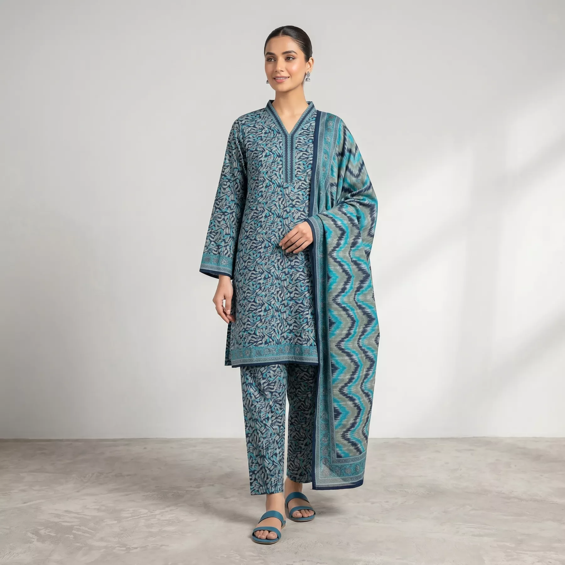 Teal Blue Abstract Printed Lawn Suit