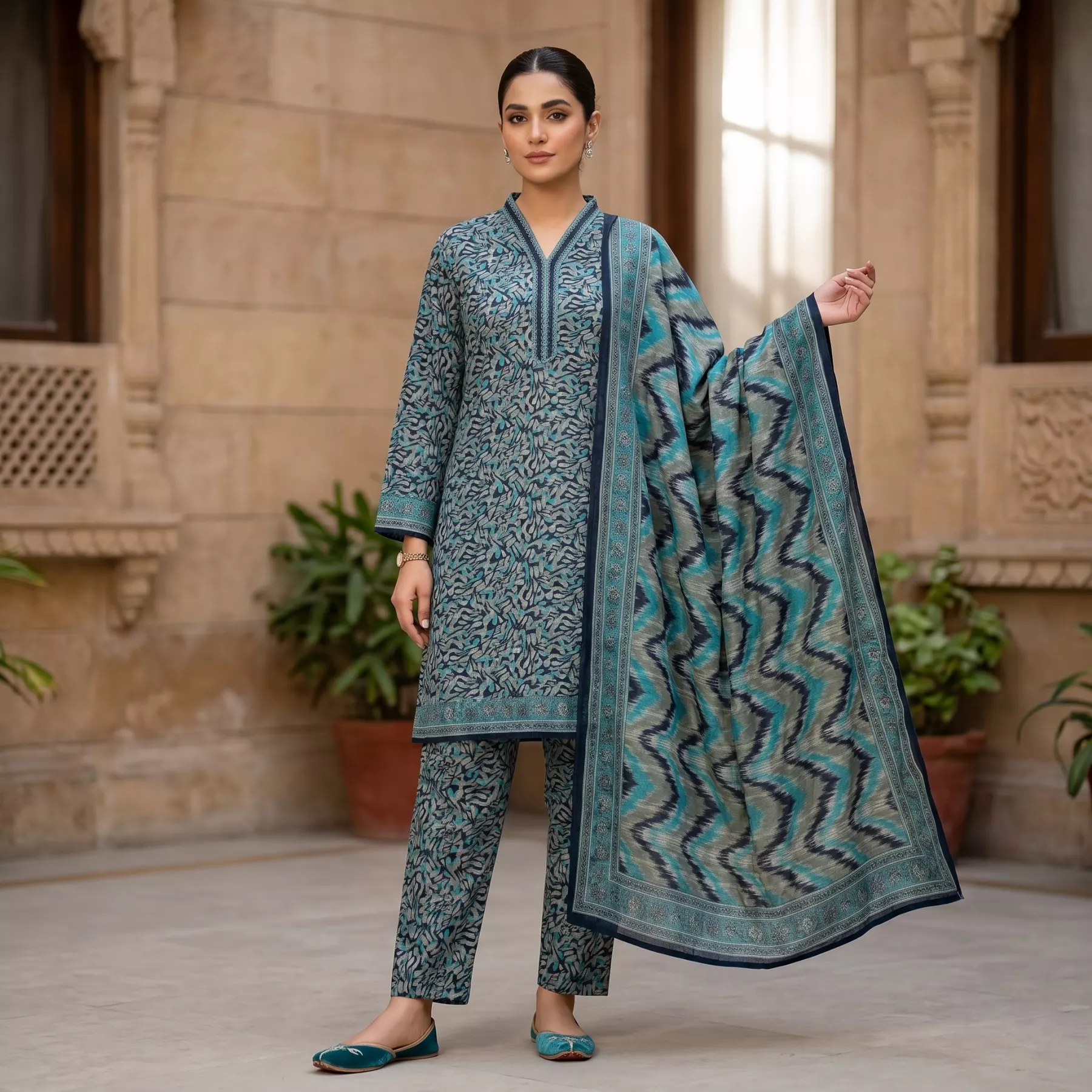 Teal Blue Abstract Printed Lawn Suit
