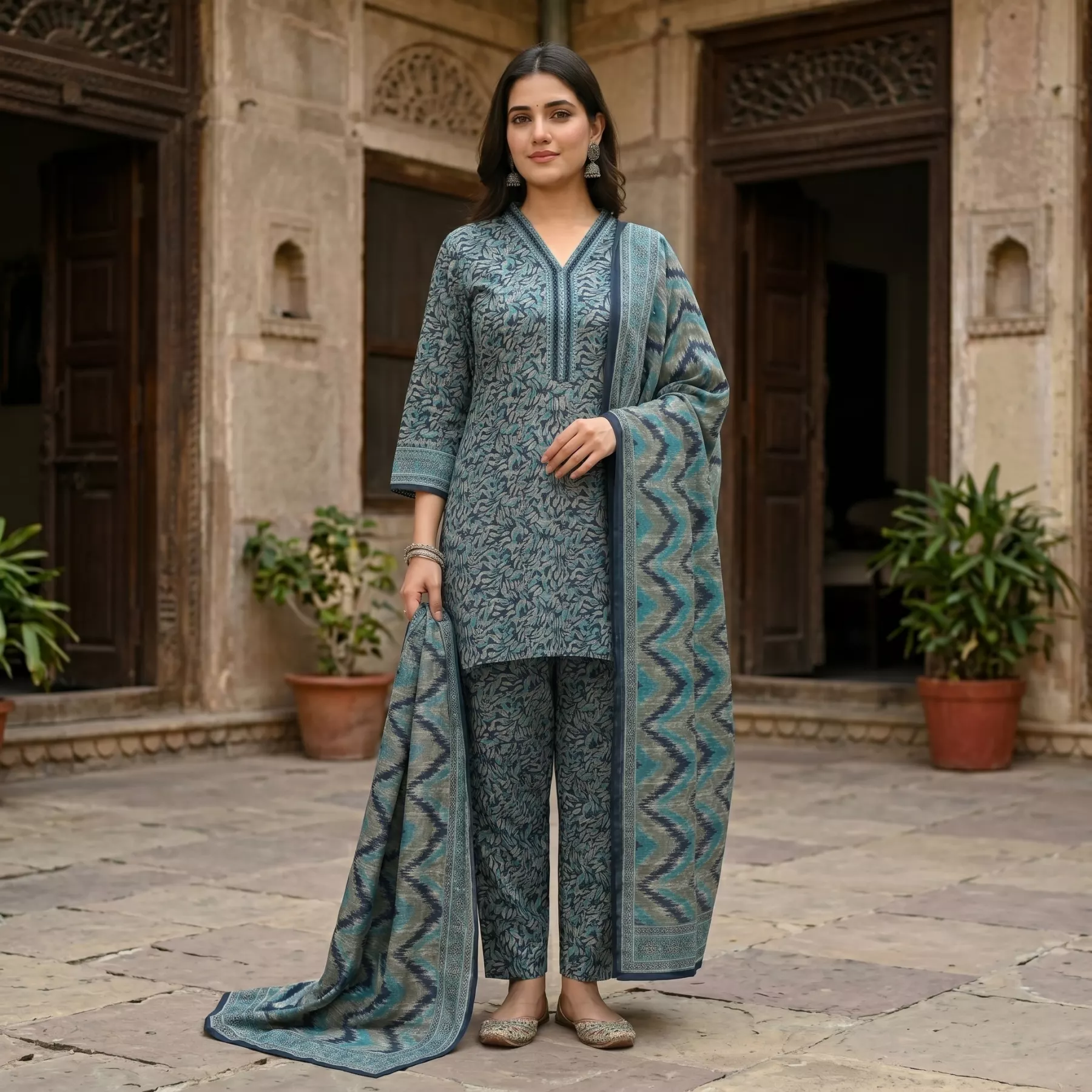 Teal Blue Abstract Printed Lawn Suit