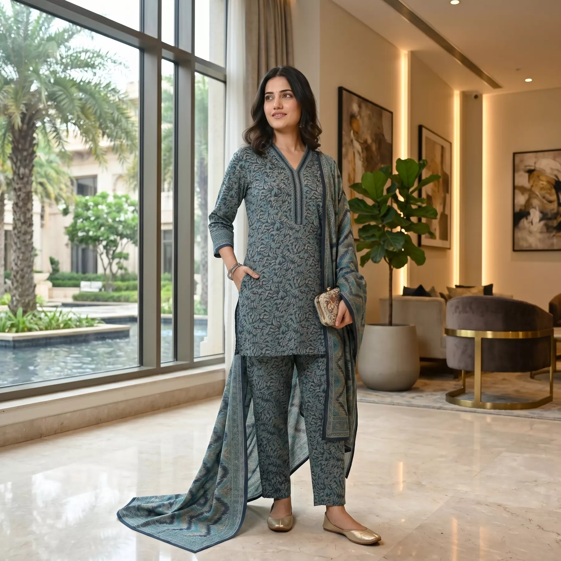 Teal Blue Abstract Printed Lawn Suit