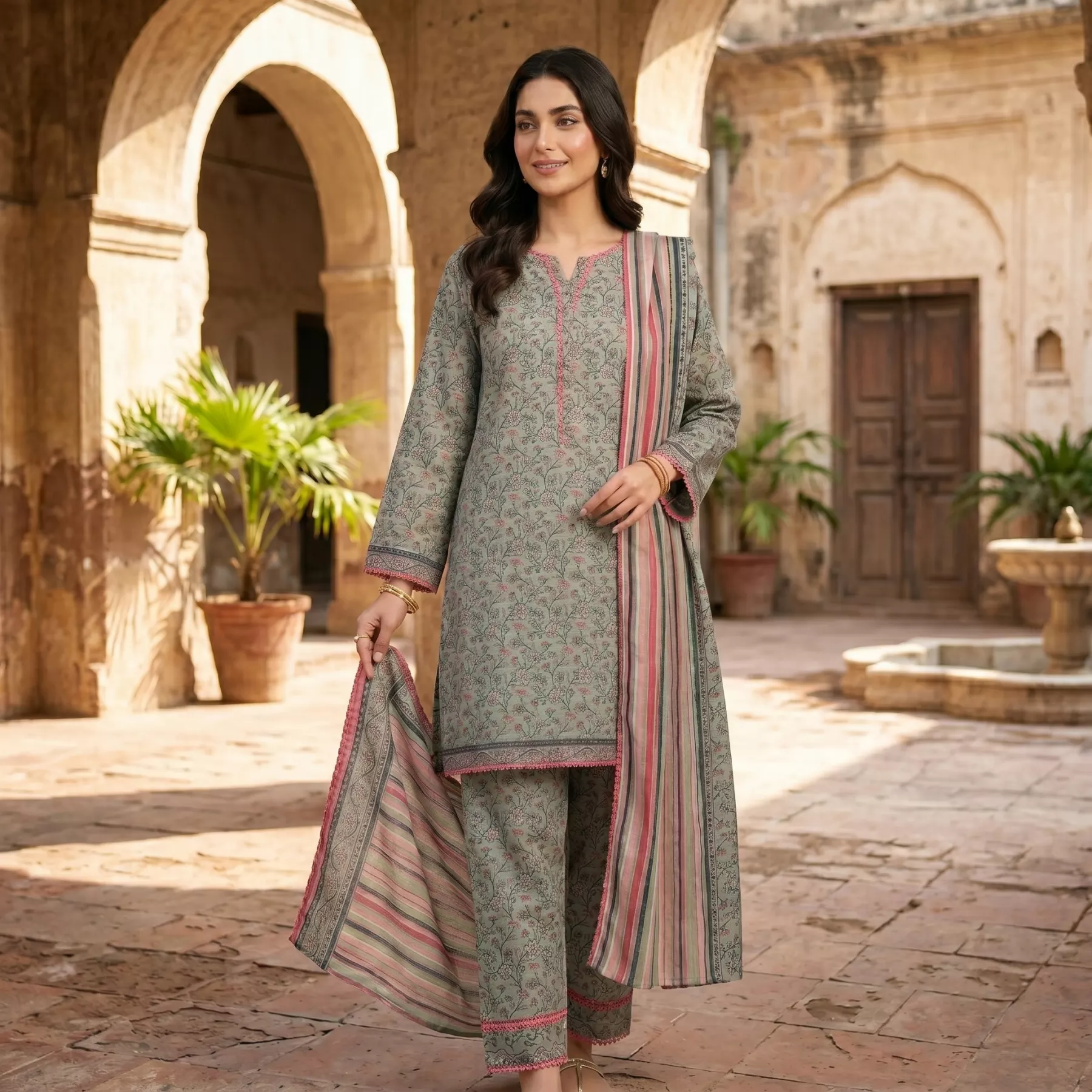 Elegent Green 3 Piece Lawn Stitched Suit