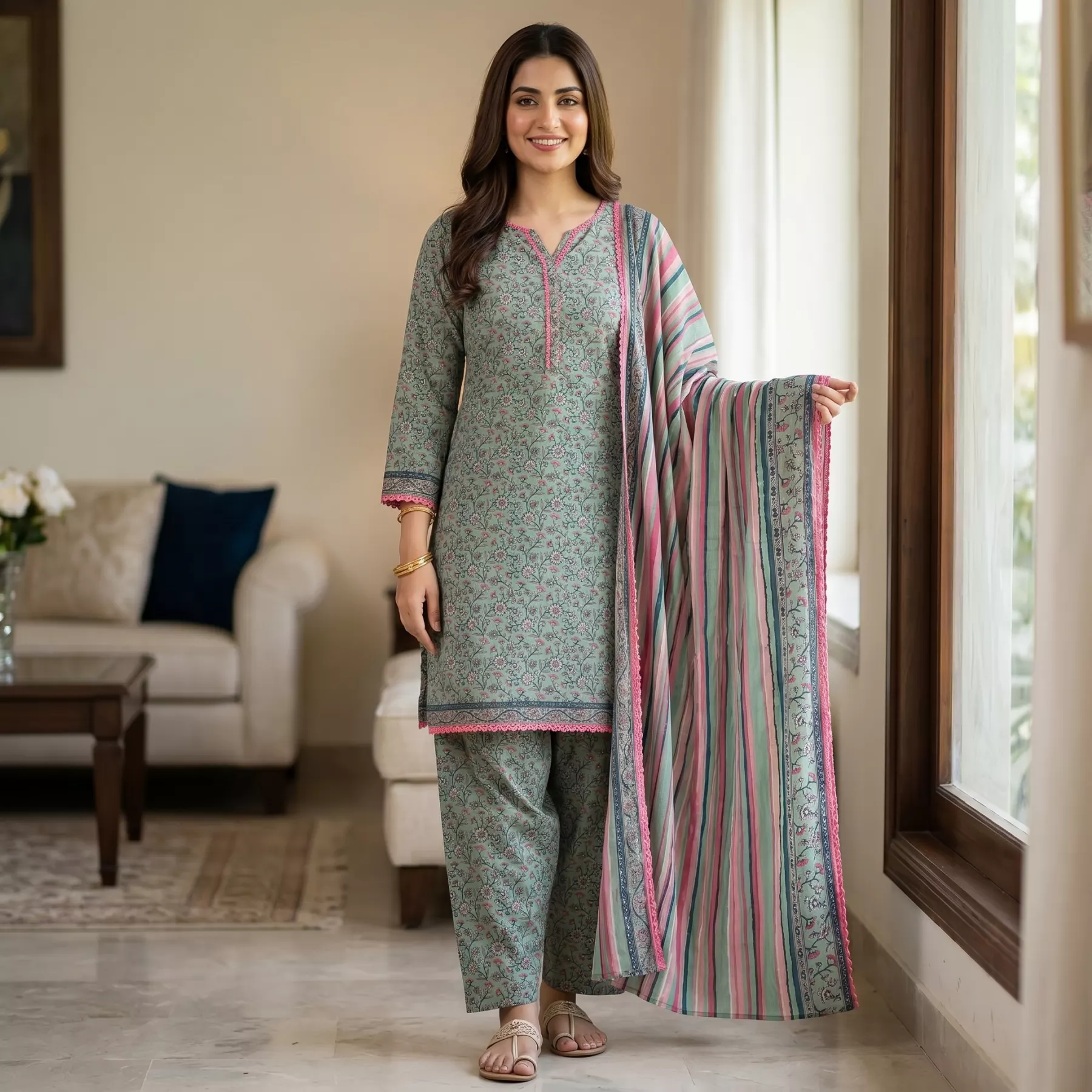 Elegent Green 3 Piece Lawn Stitched Suit