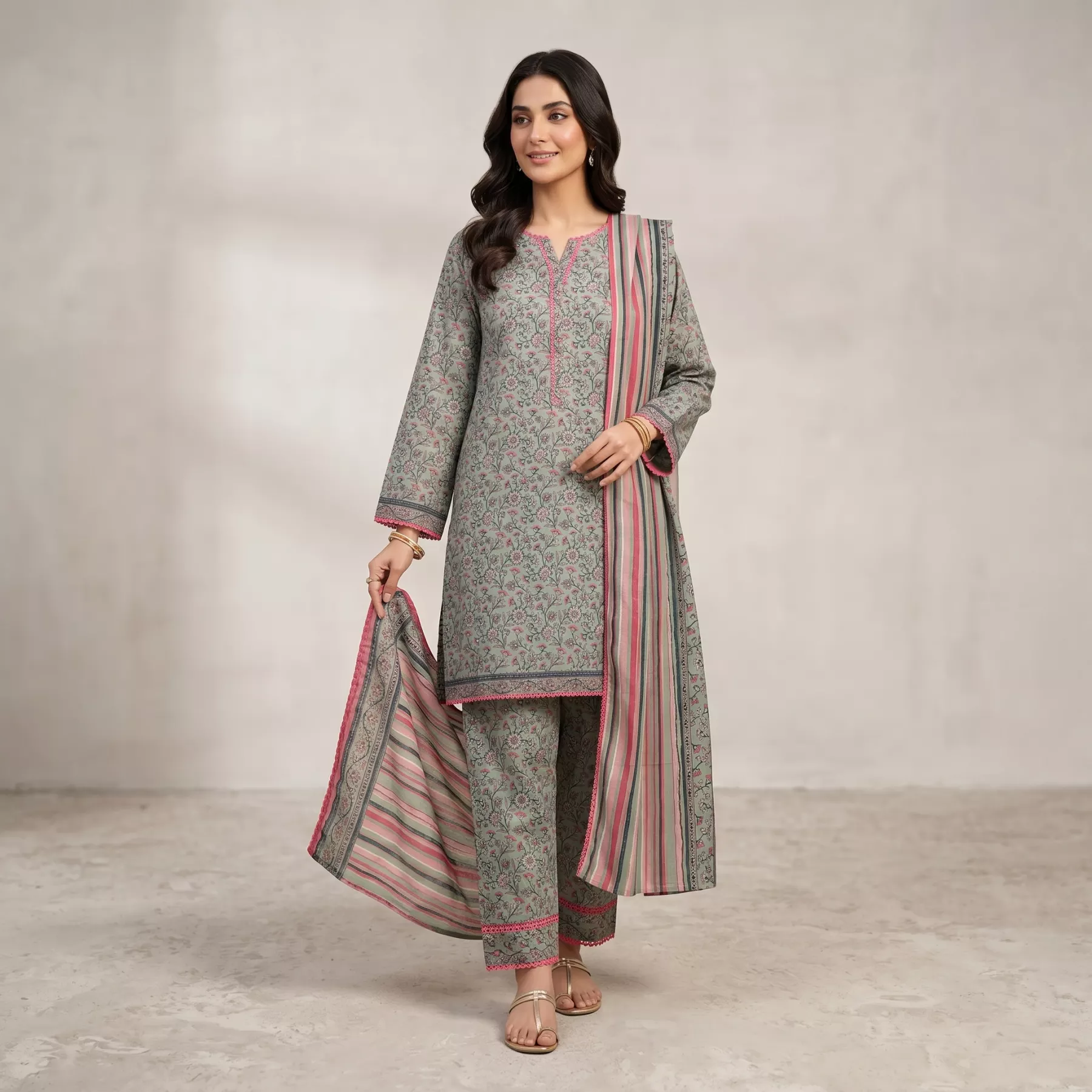 Elegent Green 3 Piece Lawn Stitched Suit