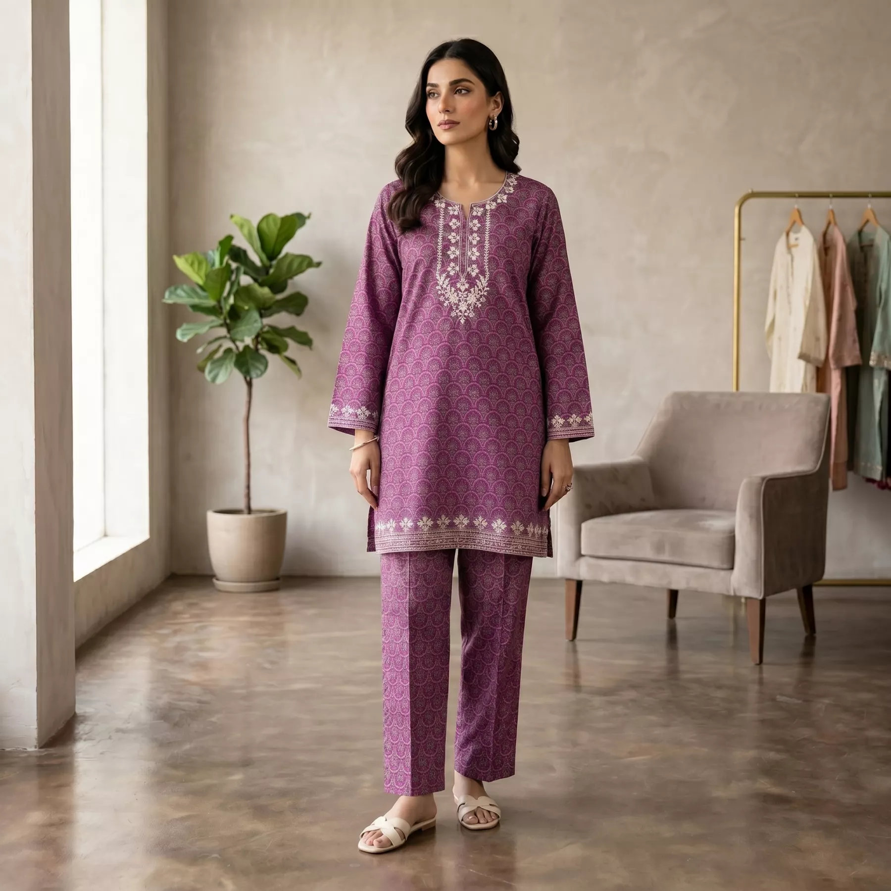 Purple Embroidered Printed Lawn Suit for Women
