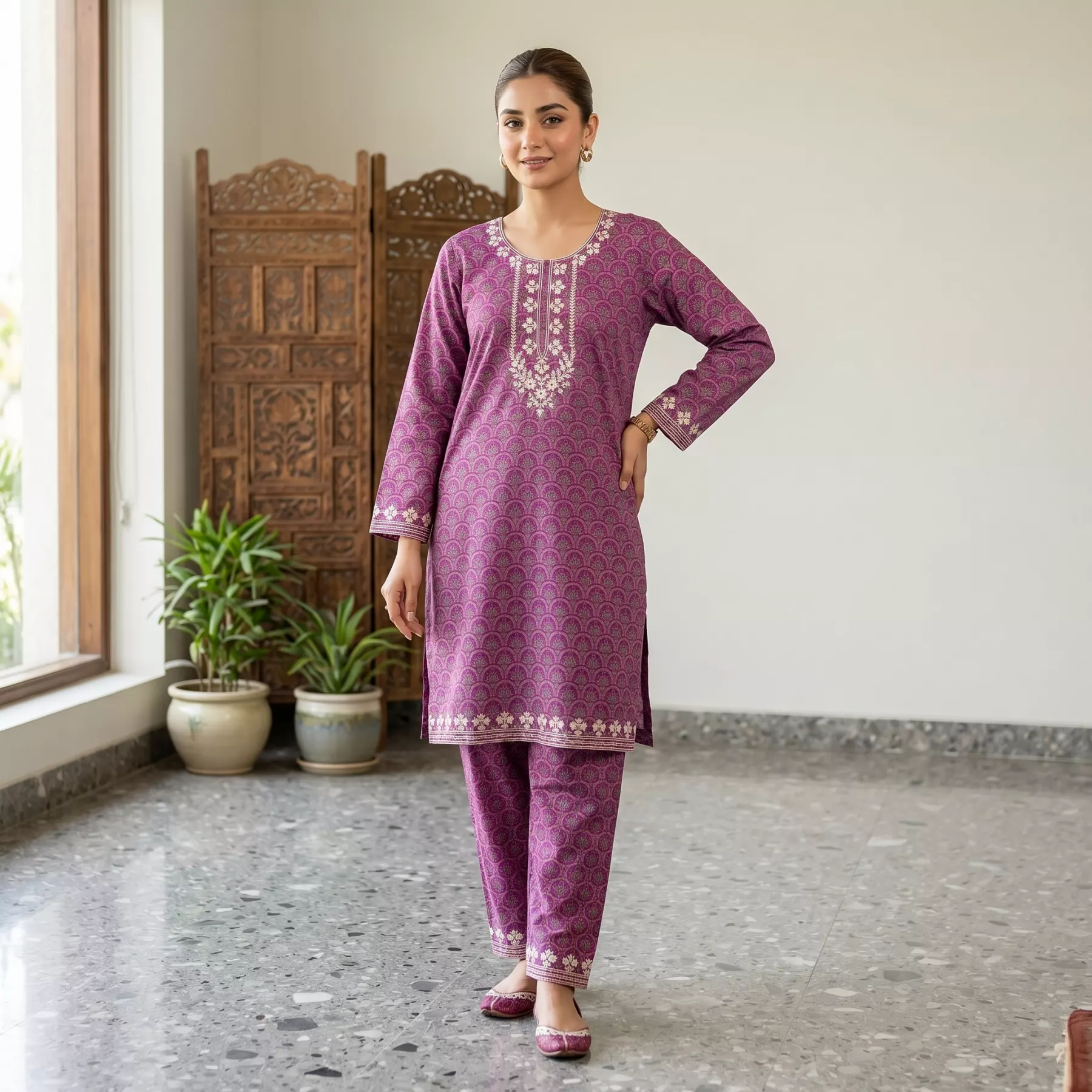 Purple Embroidered Printed Lawn Suit for Women