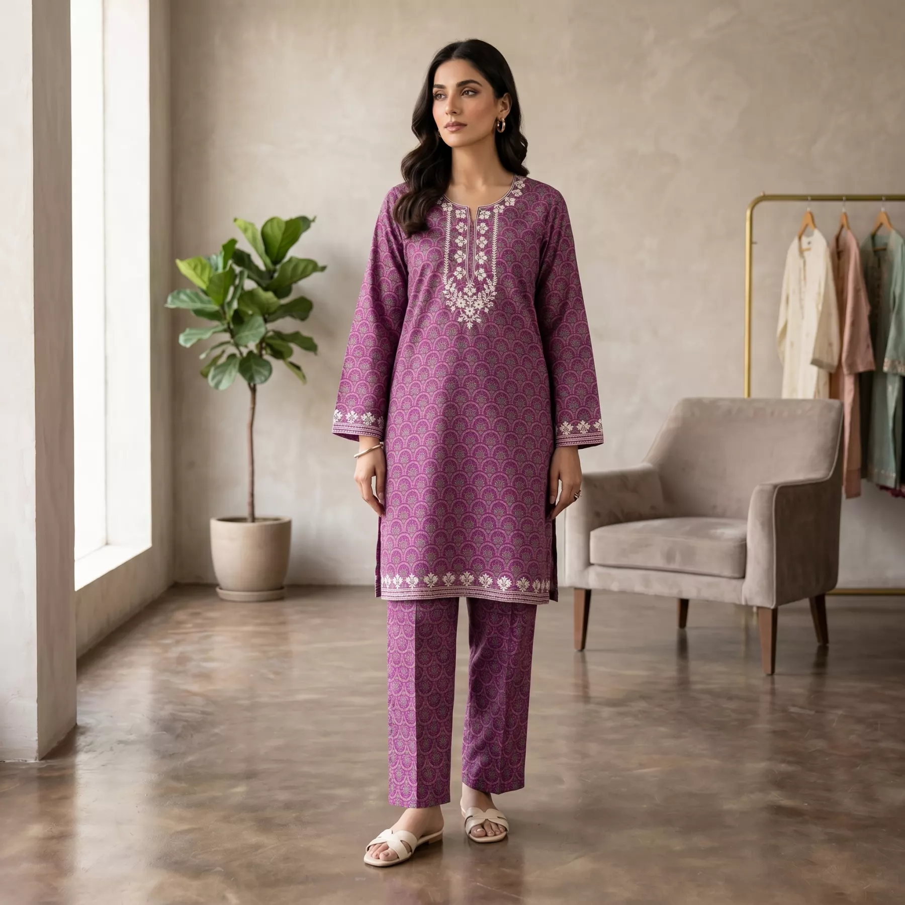 Purple Embroidered Printed Lawn Suit for Women