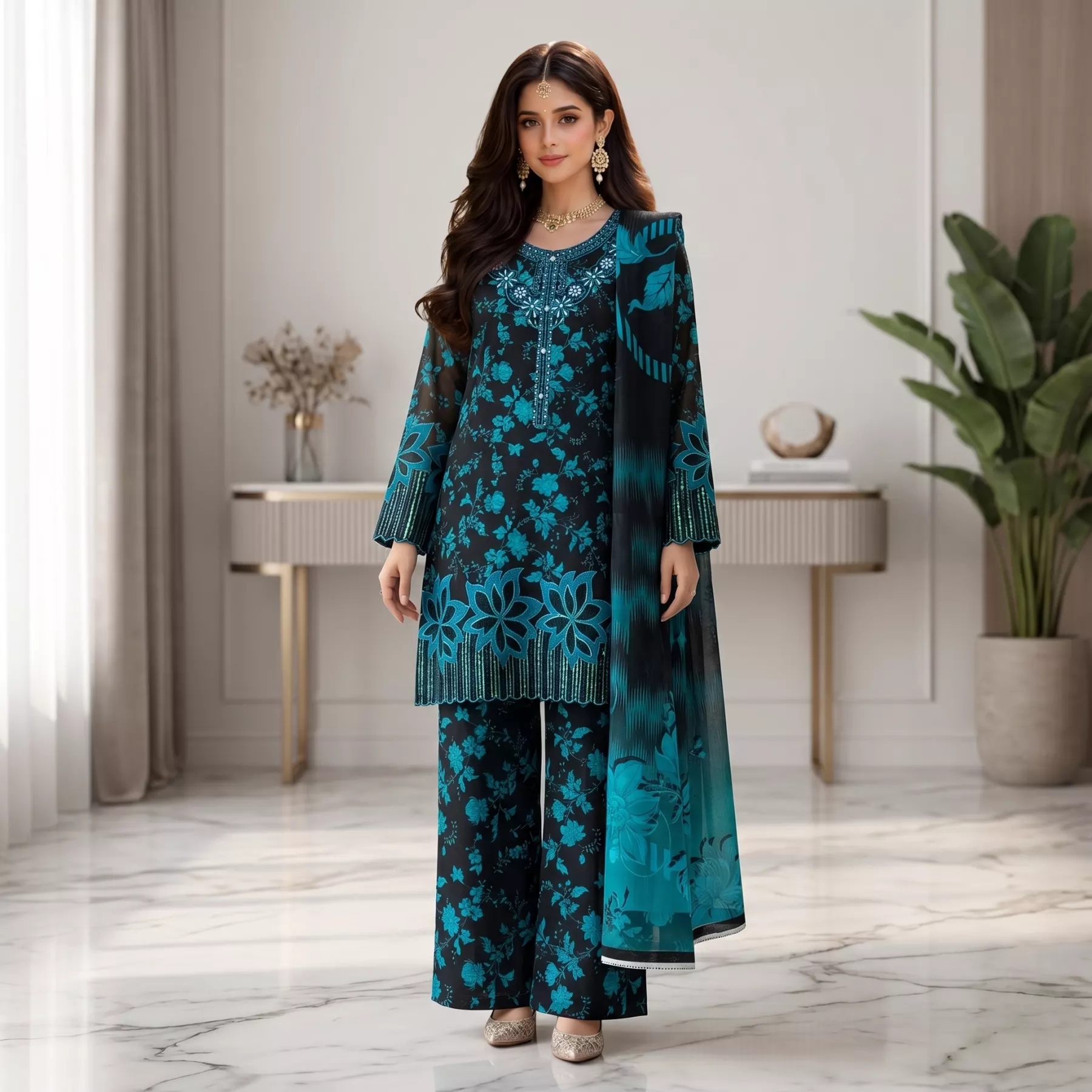 Elegant Black & Teal Blue 3 Piece Printed Suit