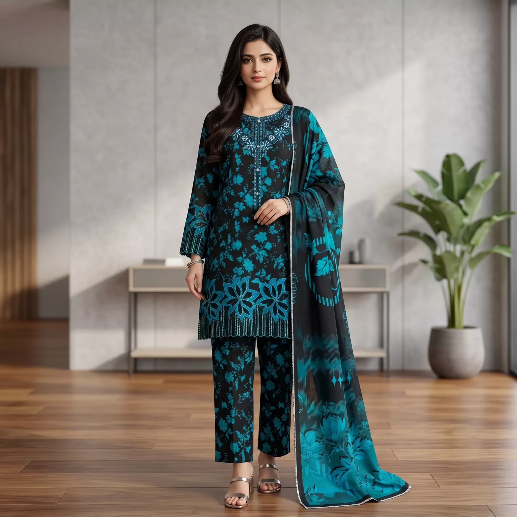 Elegant Black & Teal Blue 3 Piece Printed Suit