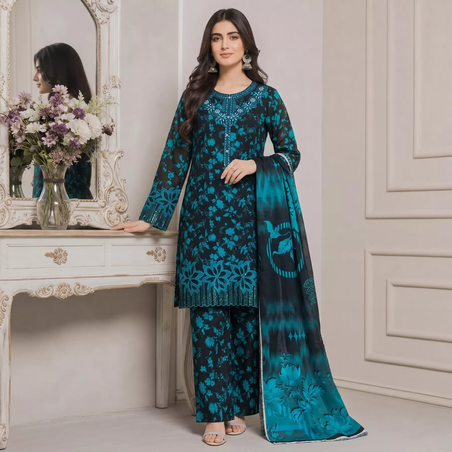 Elegant Black & Teal Blue 3 Piece Printed Suit