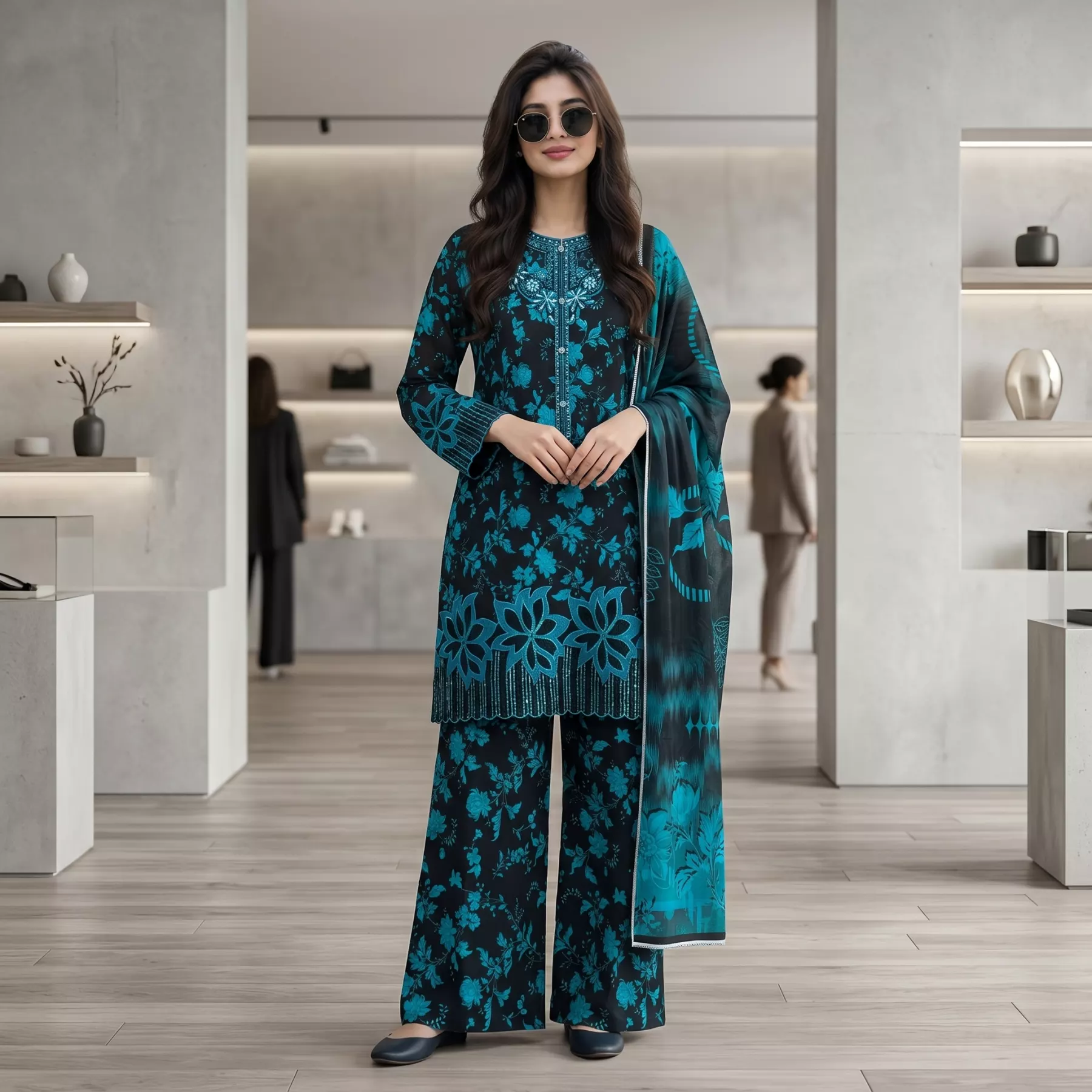 Elegant Black & Teal Blue 3 Piece Printed Suit