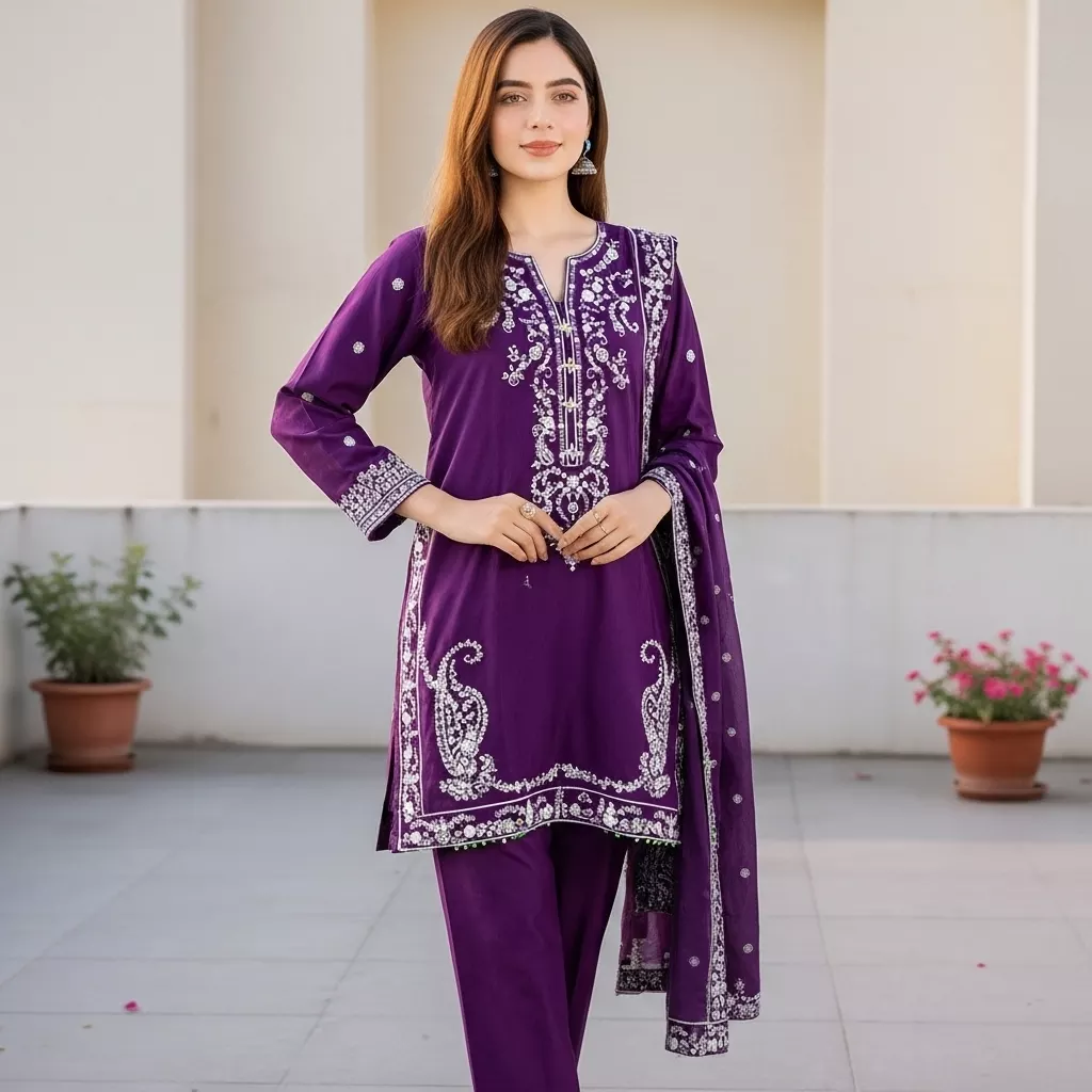 Purple 3 piece Embroidered Stitched Suit