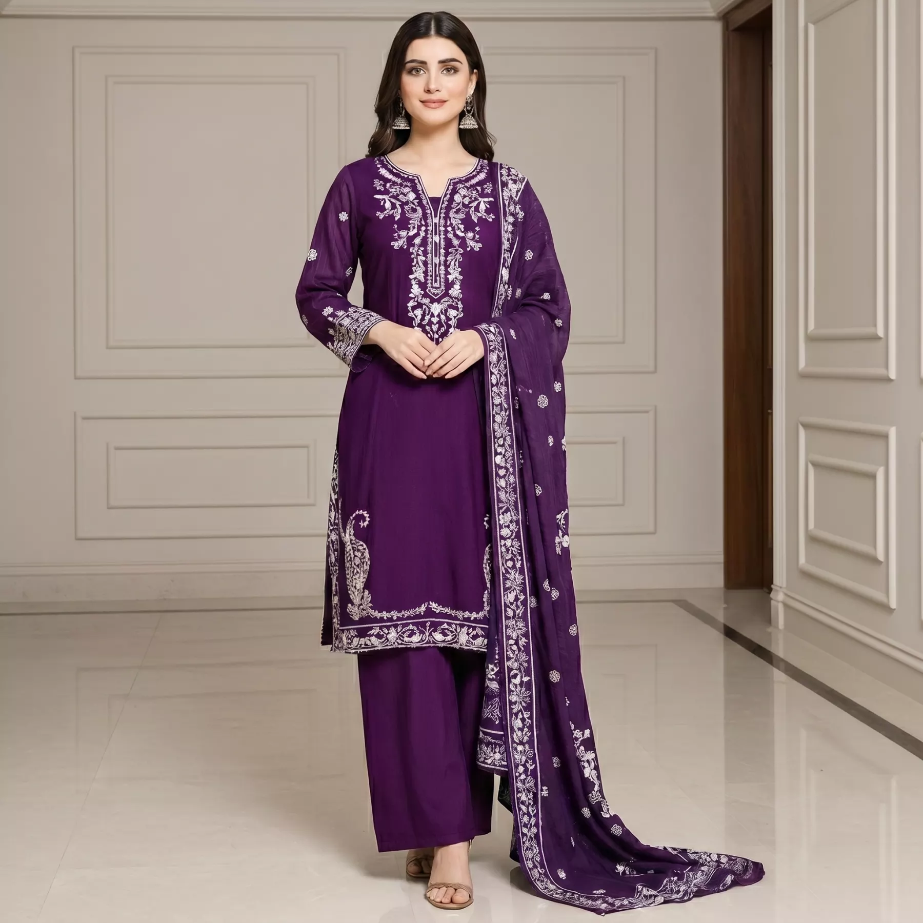 Purple 3 piece Embroidered Stitched Suit