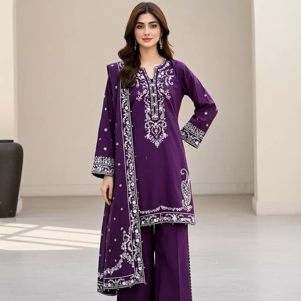 Purple 3 piece Embroidered Stitched Suit