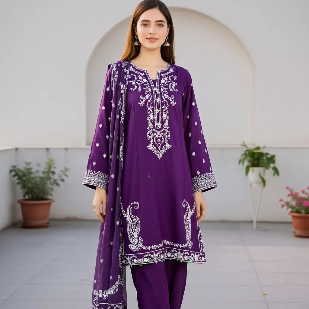 Purple 3 piece Embroidered Stitched Suit