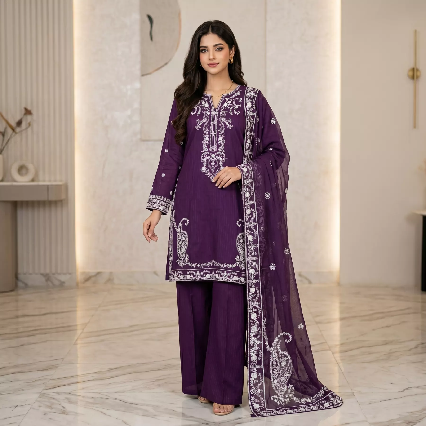 Purple 3 piece Embroidered Stitched Suit