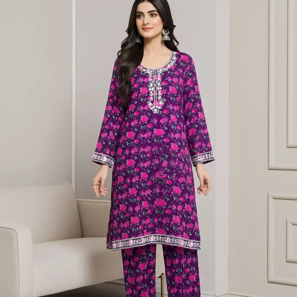 Purple 2 piece Lawn printed Embroidered Stitched Suit