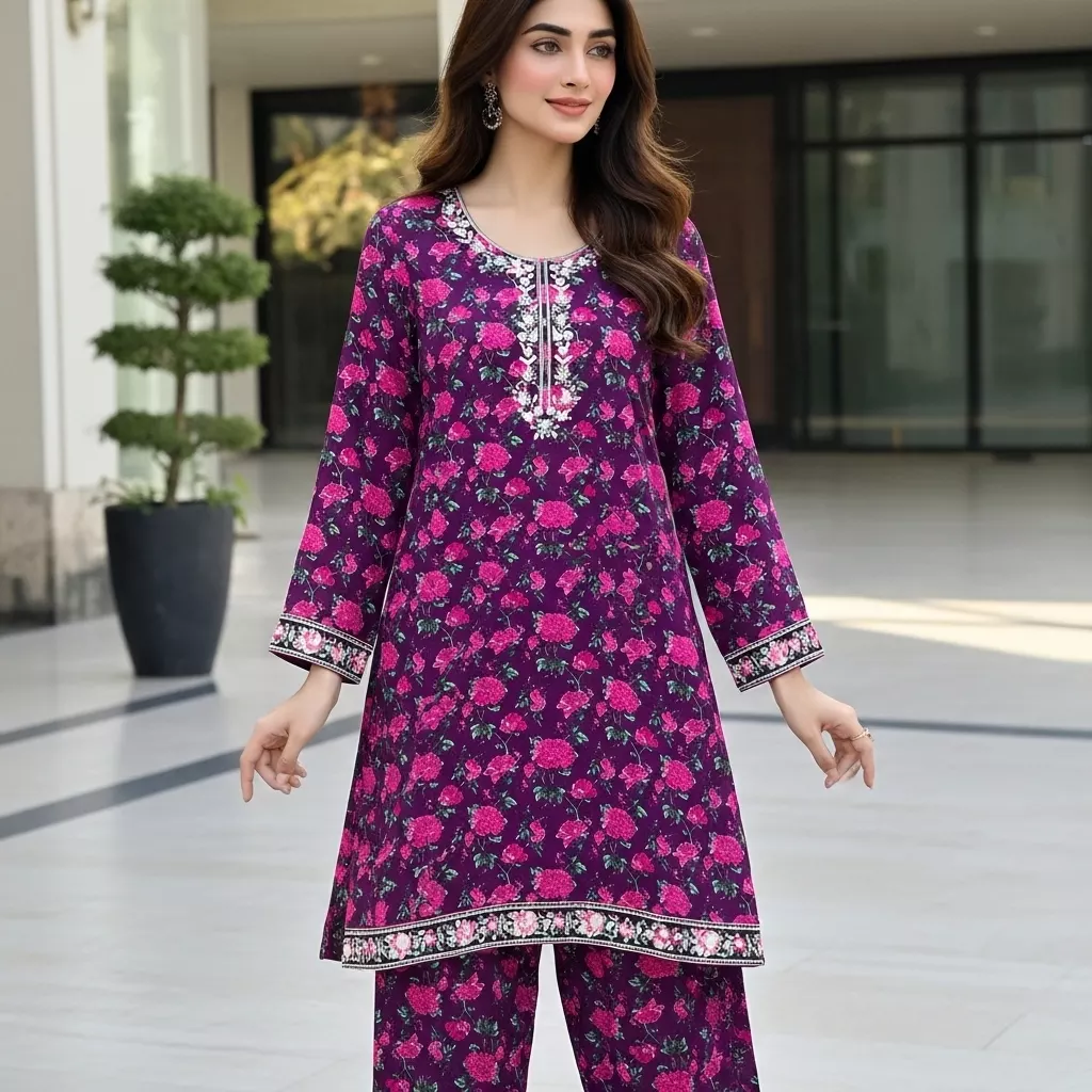Purple 2 piece Lawn printed Embroidered Stitched Suit