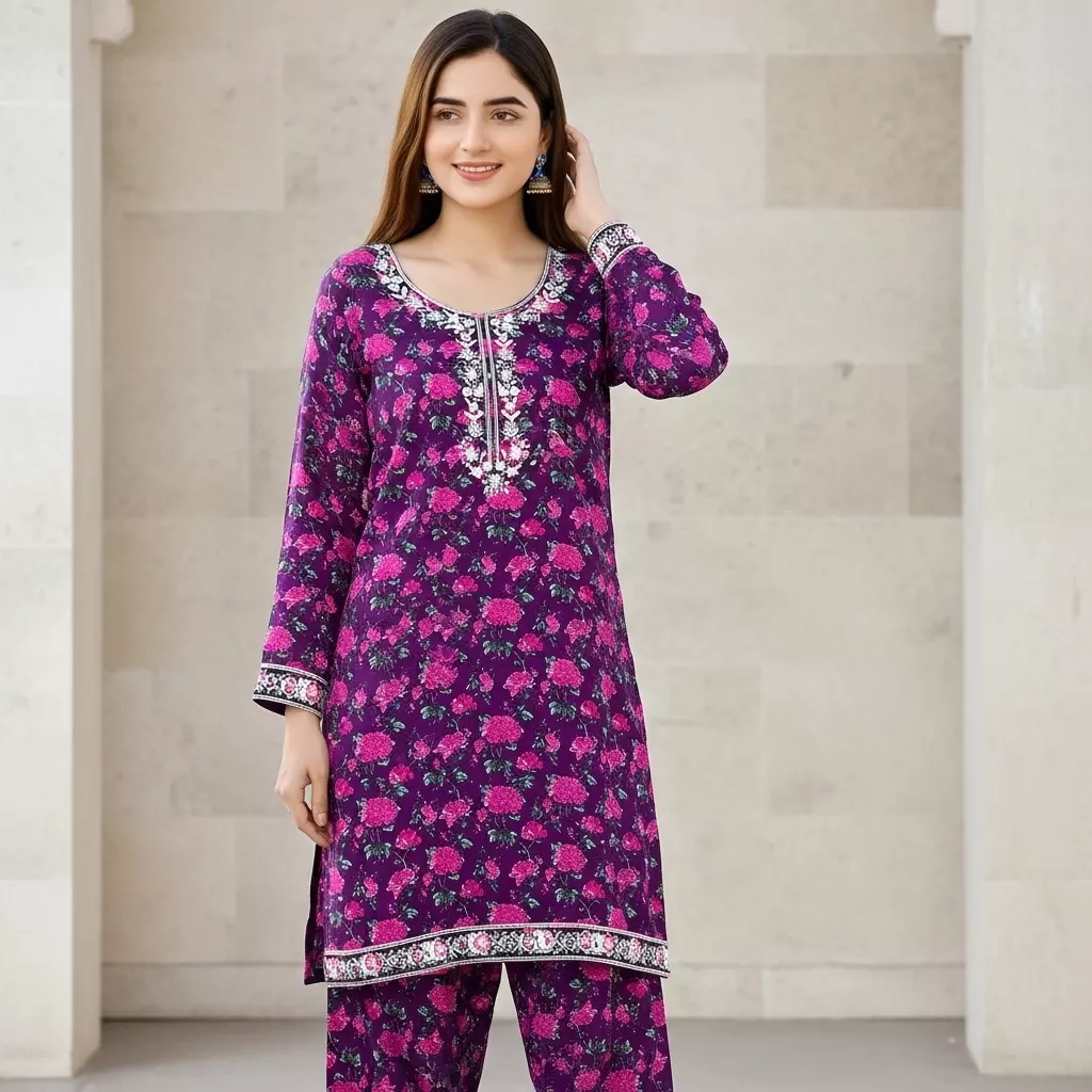 Purple 2 piece Lawn printed Embroidered Stitched Suit
