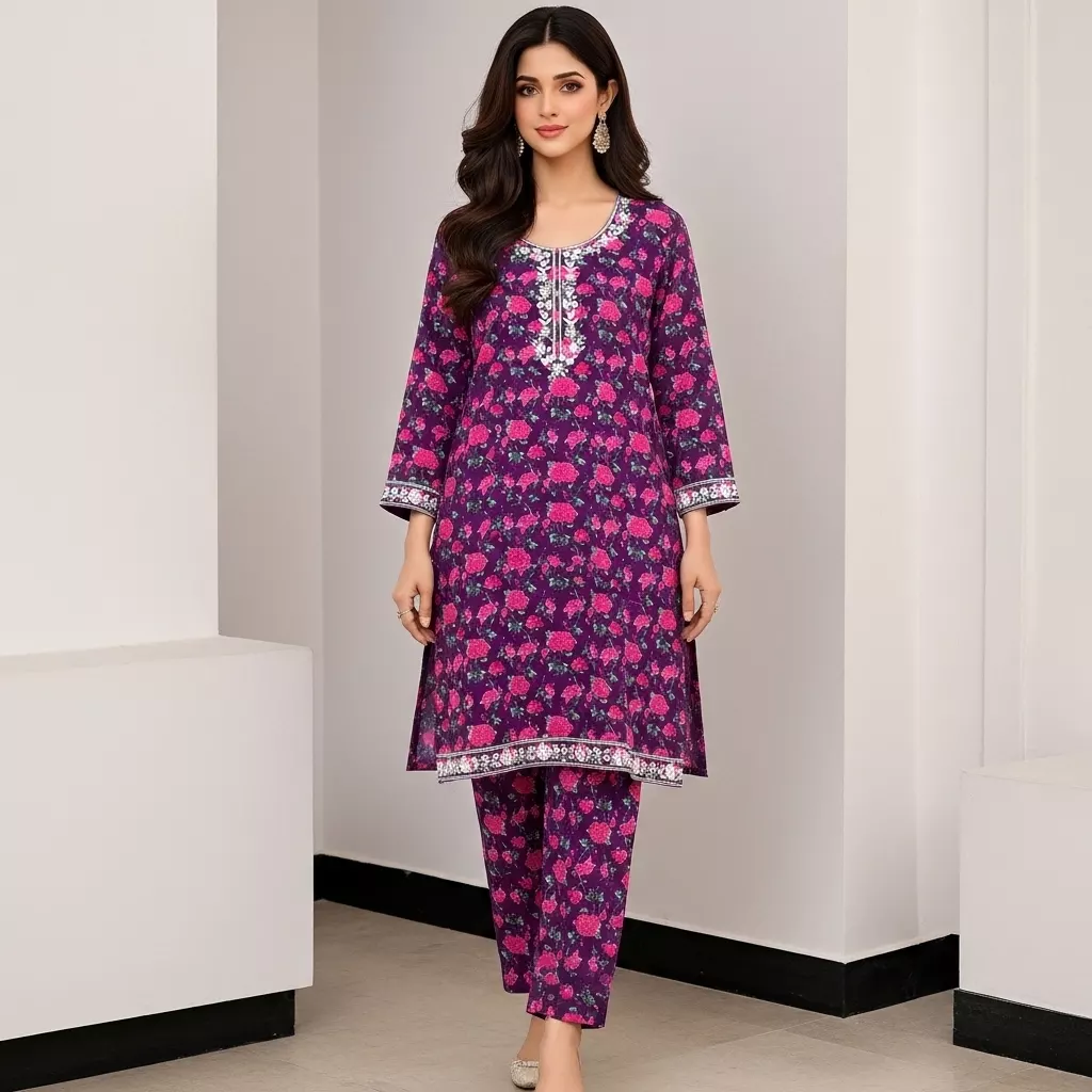 Purple 2 piece Lawn printed Embroidered Stitched Suit