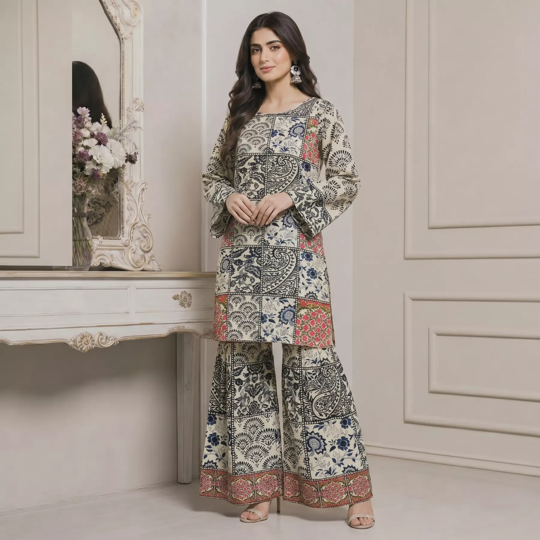 Light Yellow Printed Grip Lawn Suit