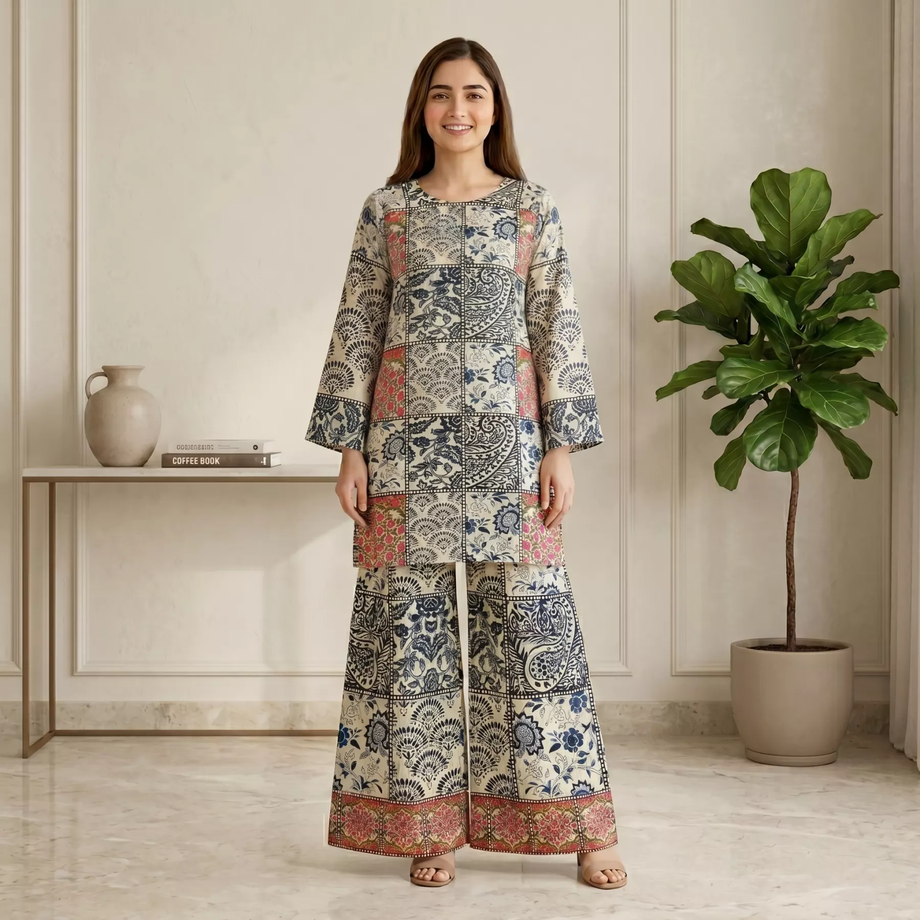 Light Yellow Printed Grip Lawn Suit
