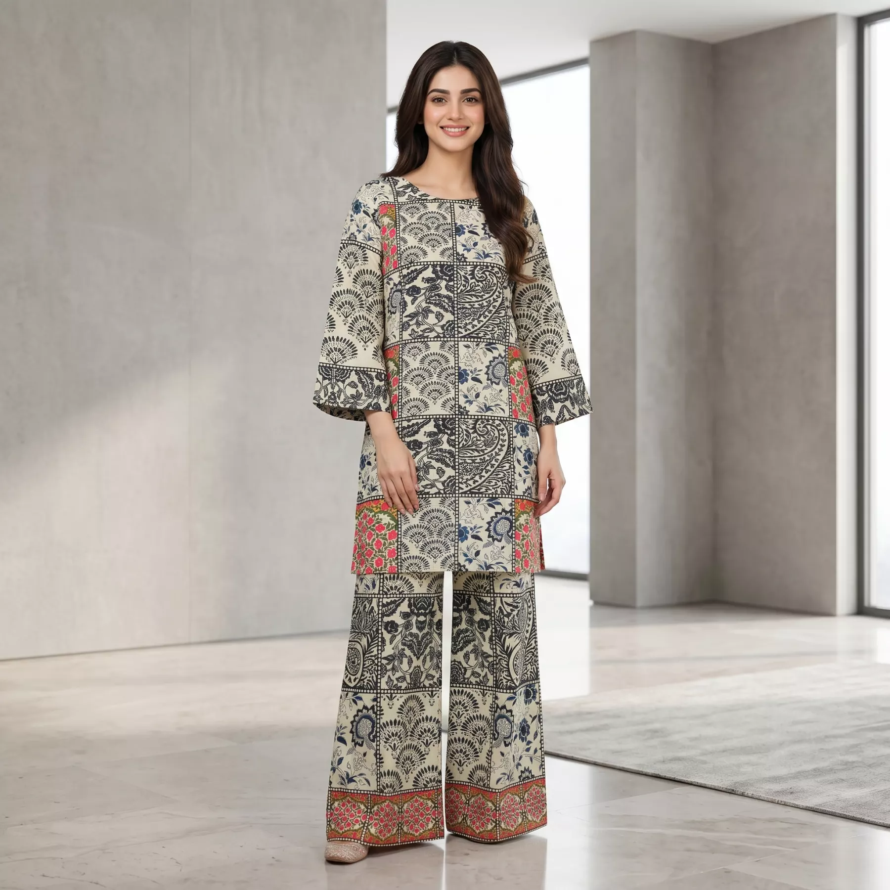 Light Yellow Printed Grip Lawn Suit