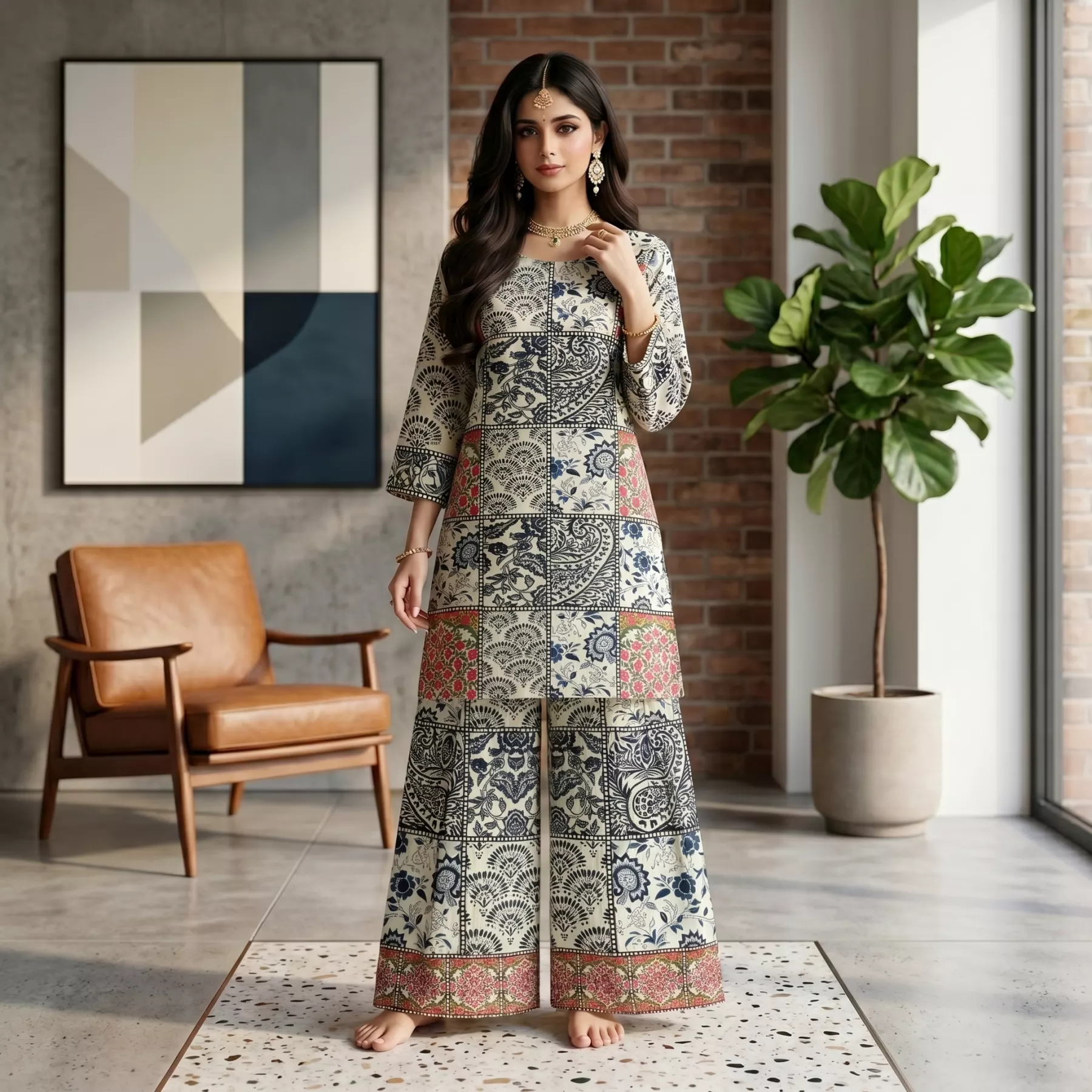 Light Yellow Printed Grip Lawn Suit