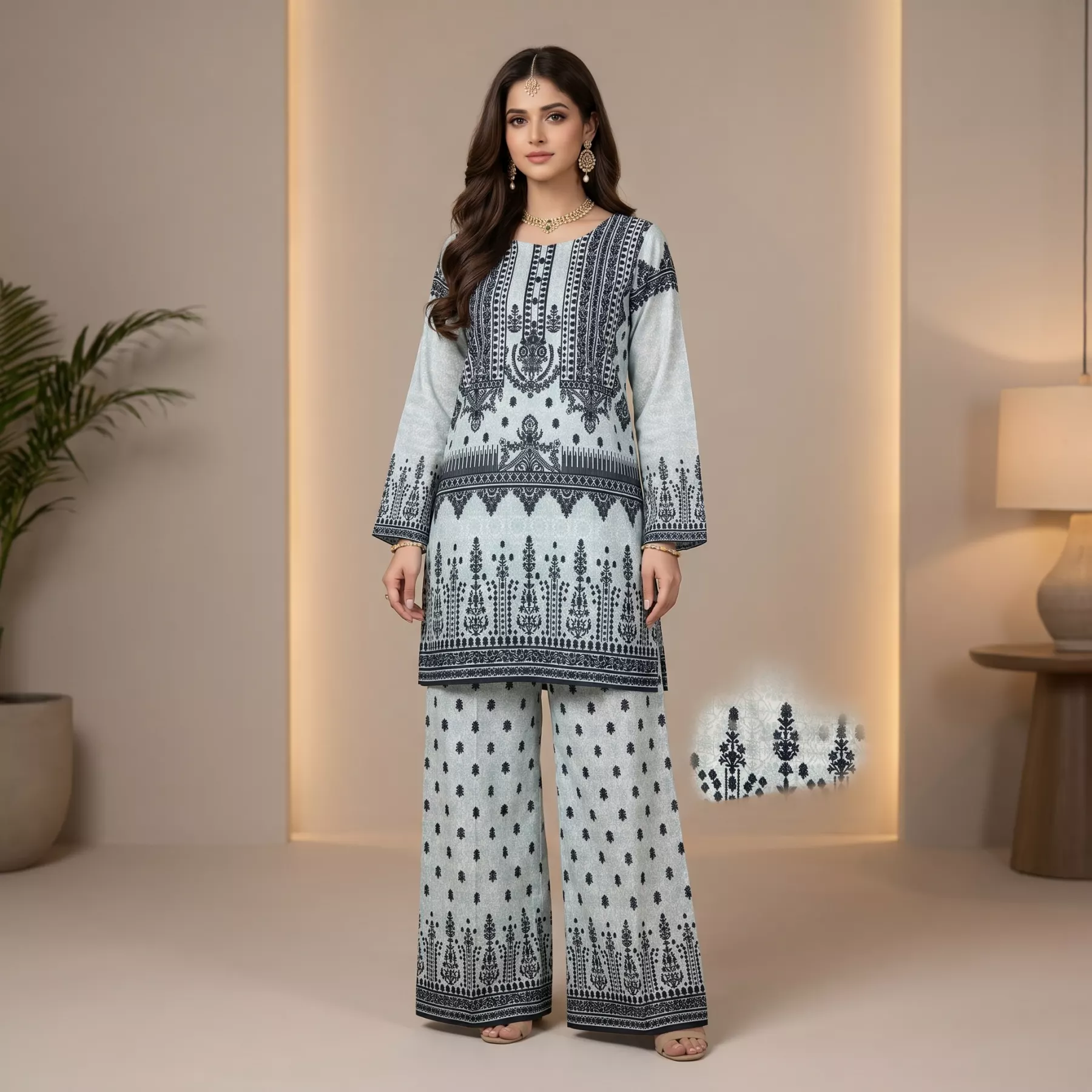 Light ice blue Printed Grip Lawn Suit