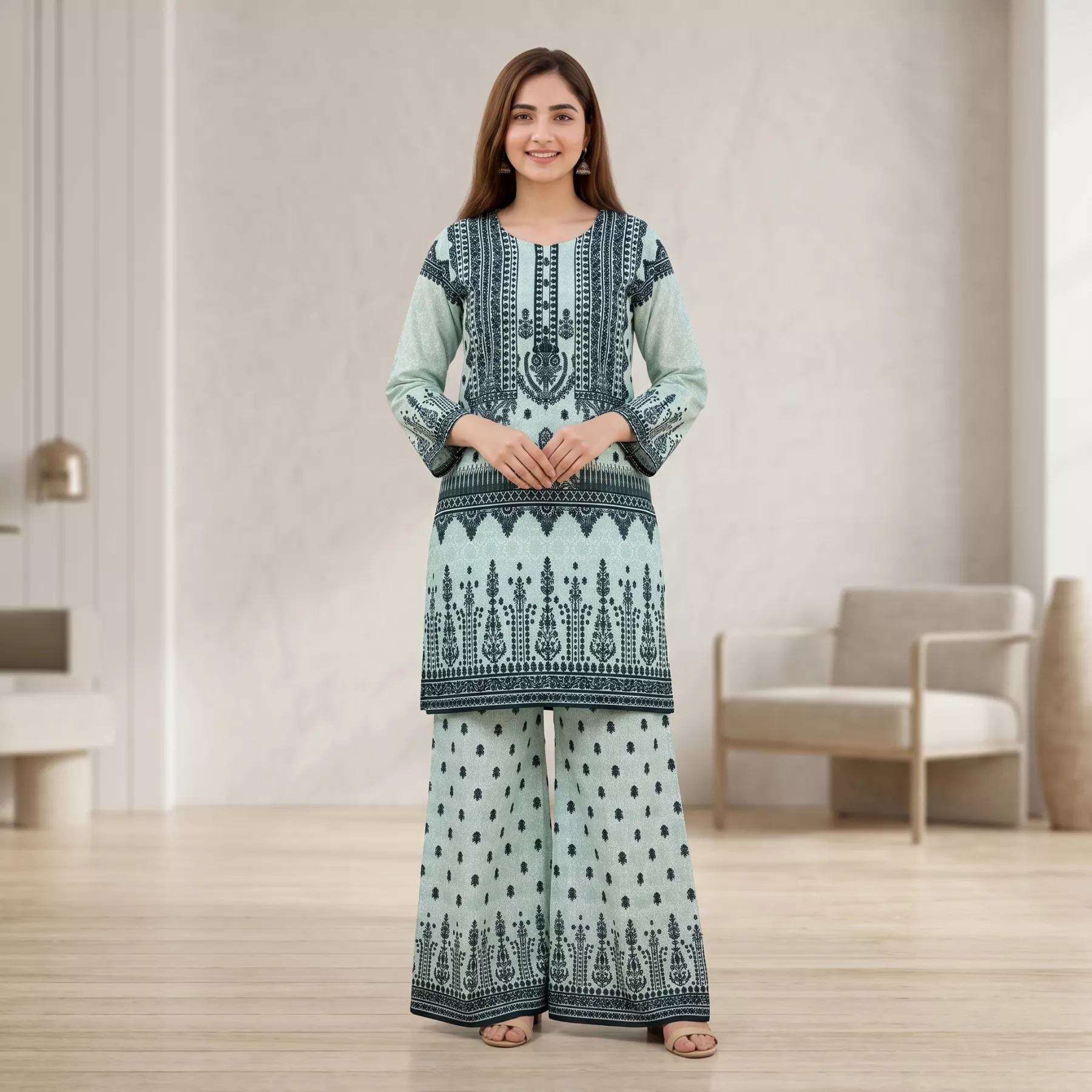 Light ice blue Printed Grip Lawn Suit