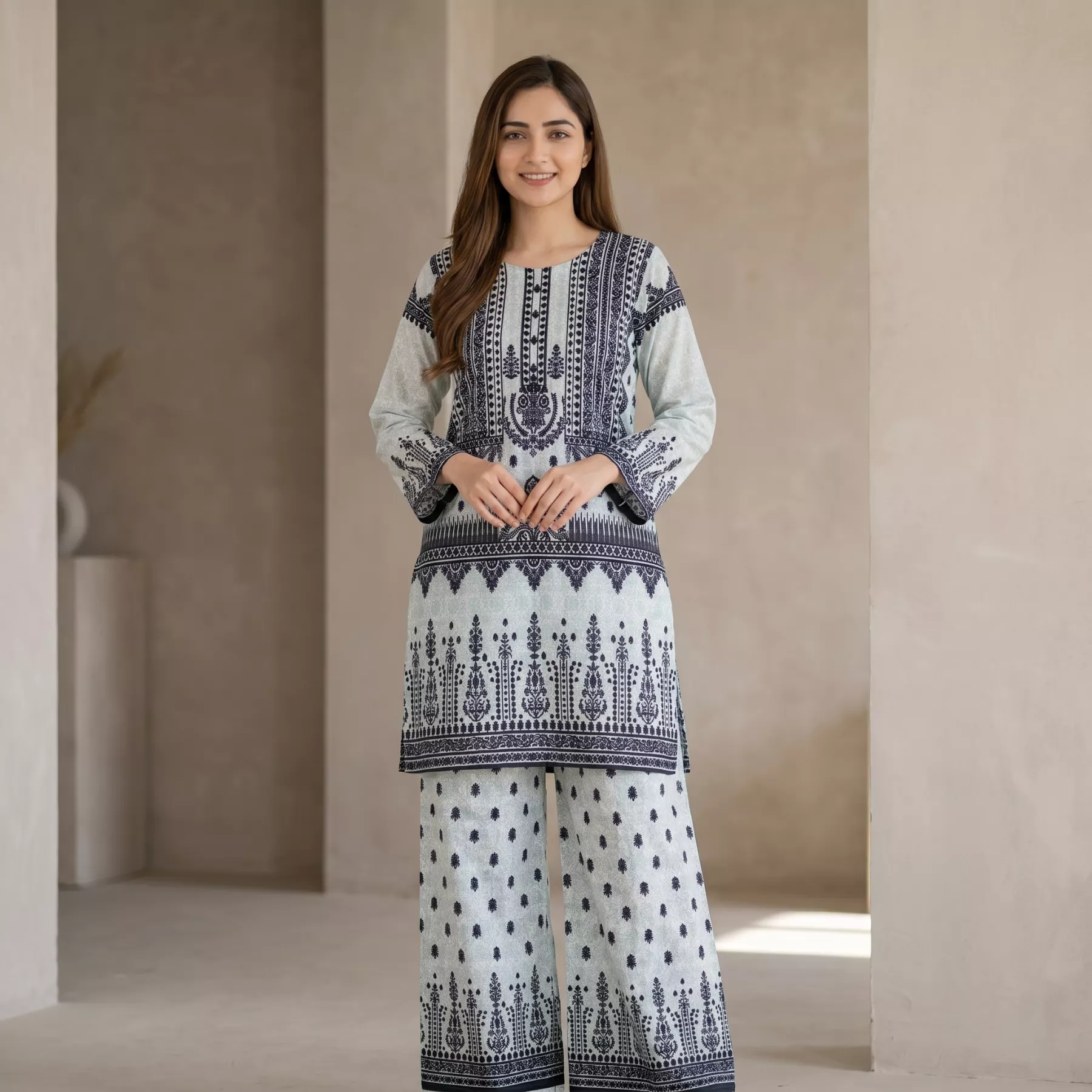 Light ice blue Printed Grip Lawn Suit