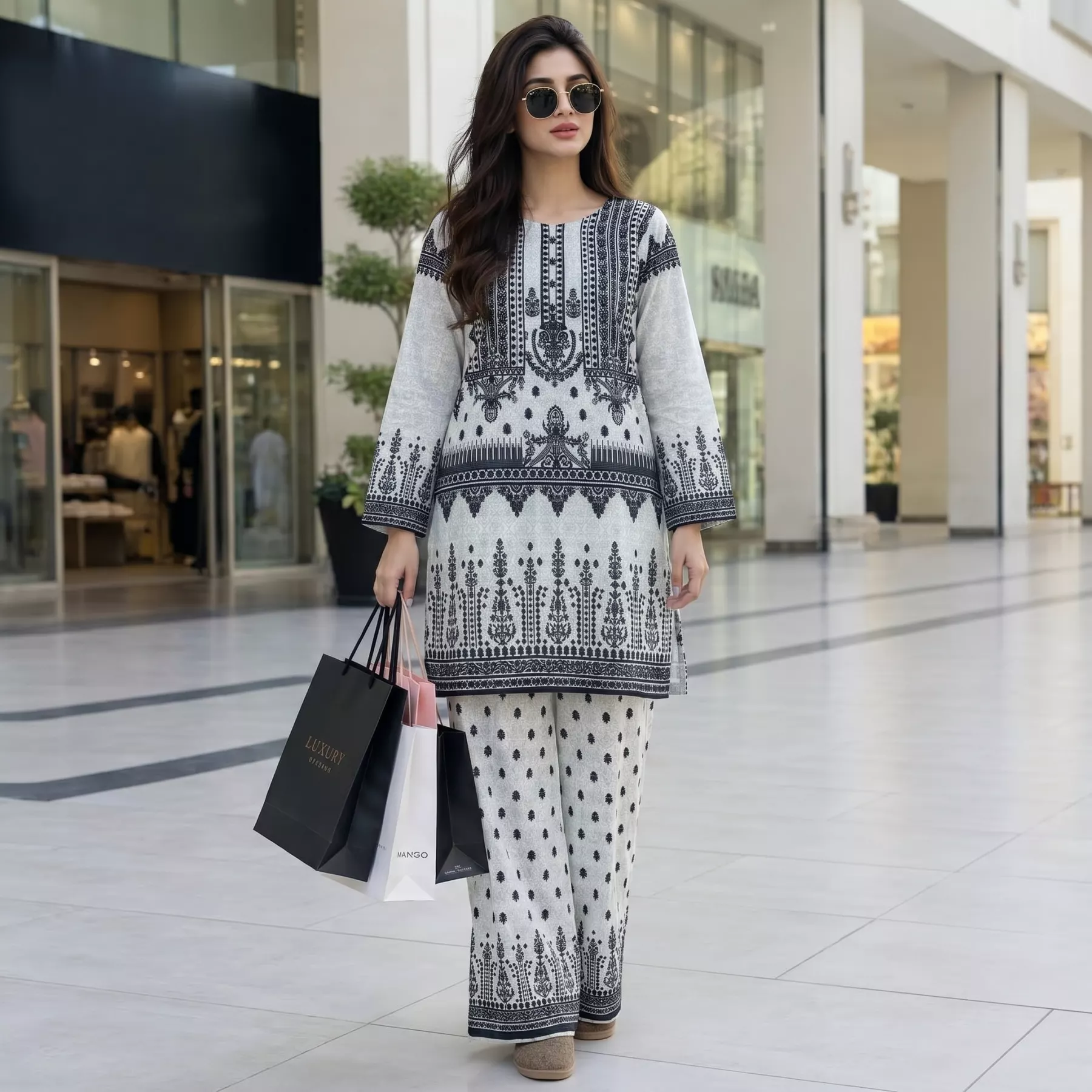 Light ice blue Printed Grip Lawn Suit