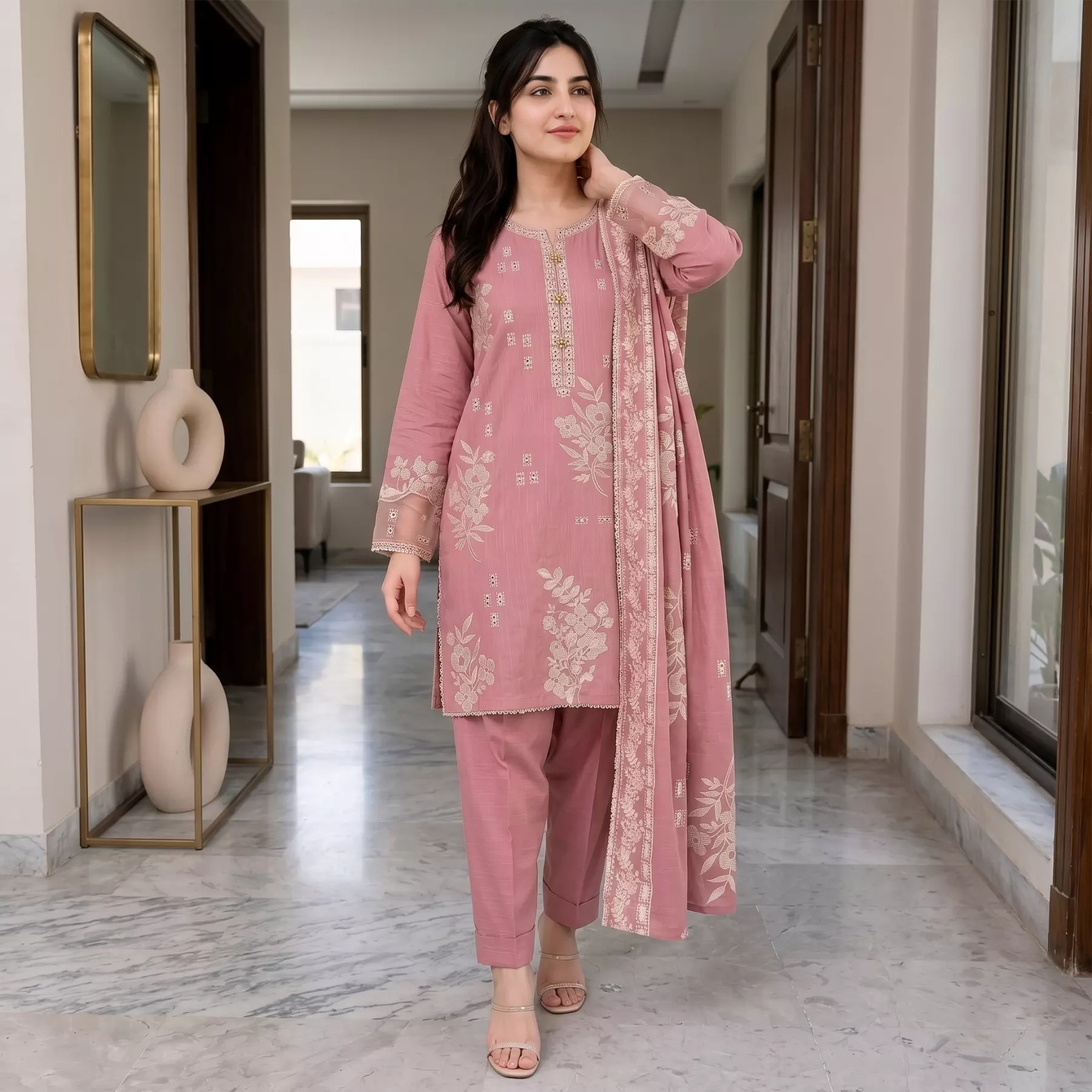 Pink 3 piece Khaddar Embroidered Stitched Suit