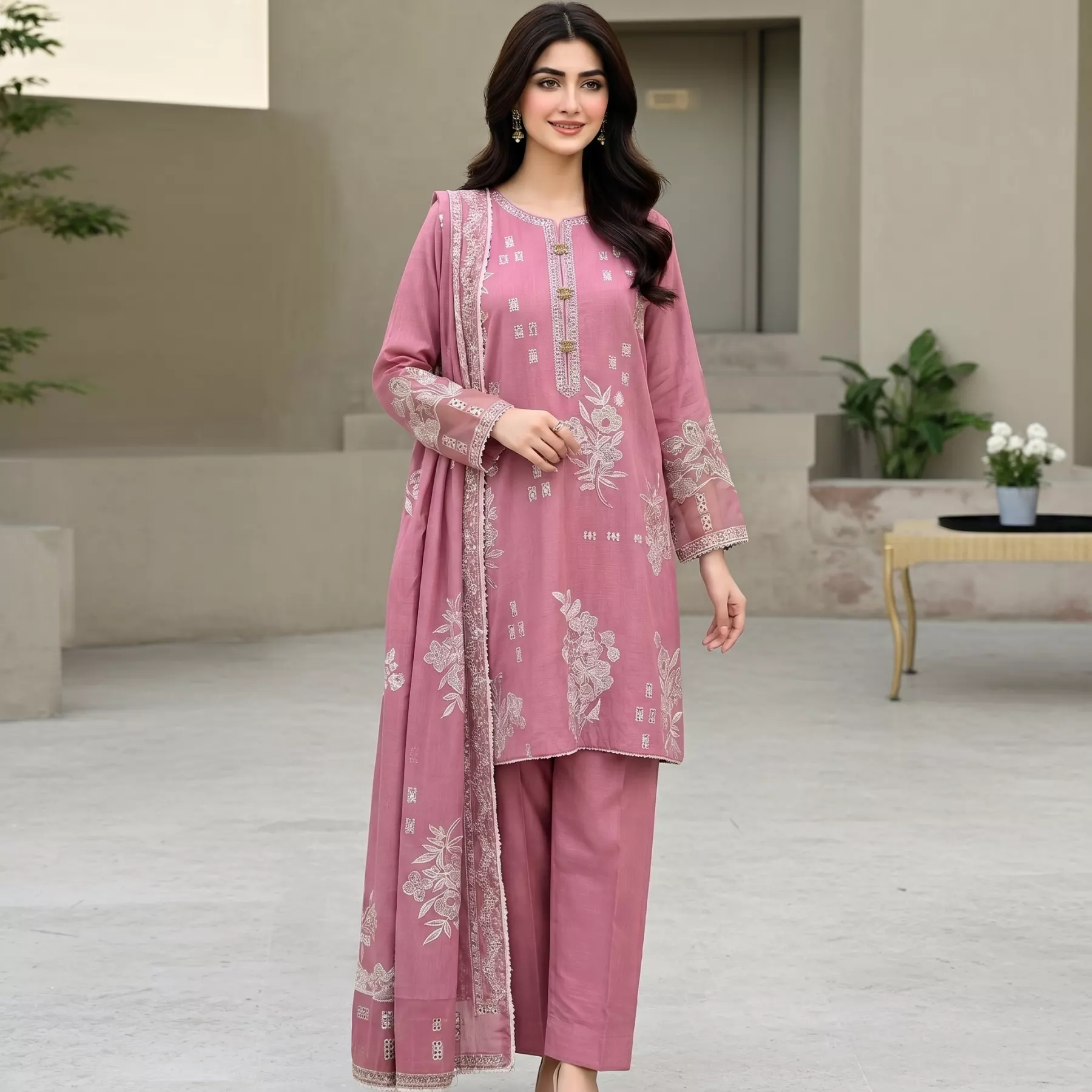 Pink 3 piece Khaddar Embroidered Stitched Suit