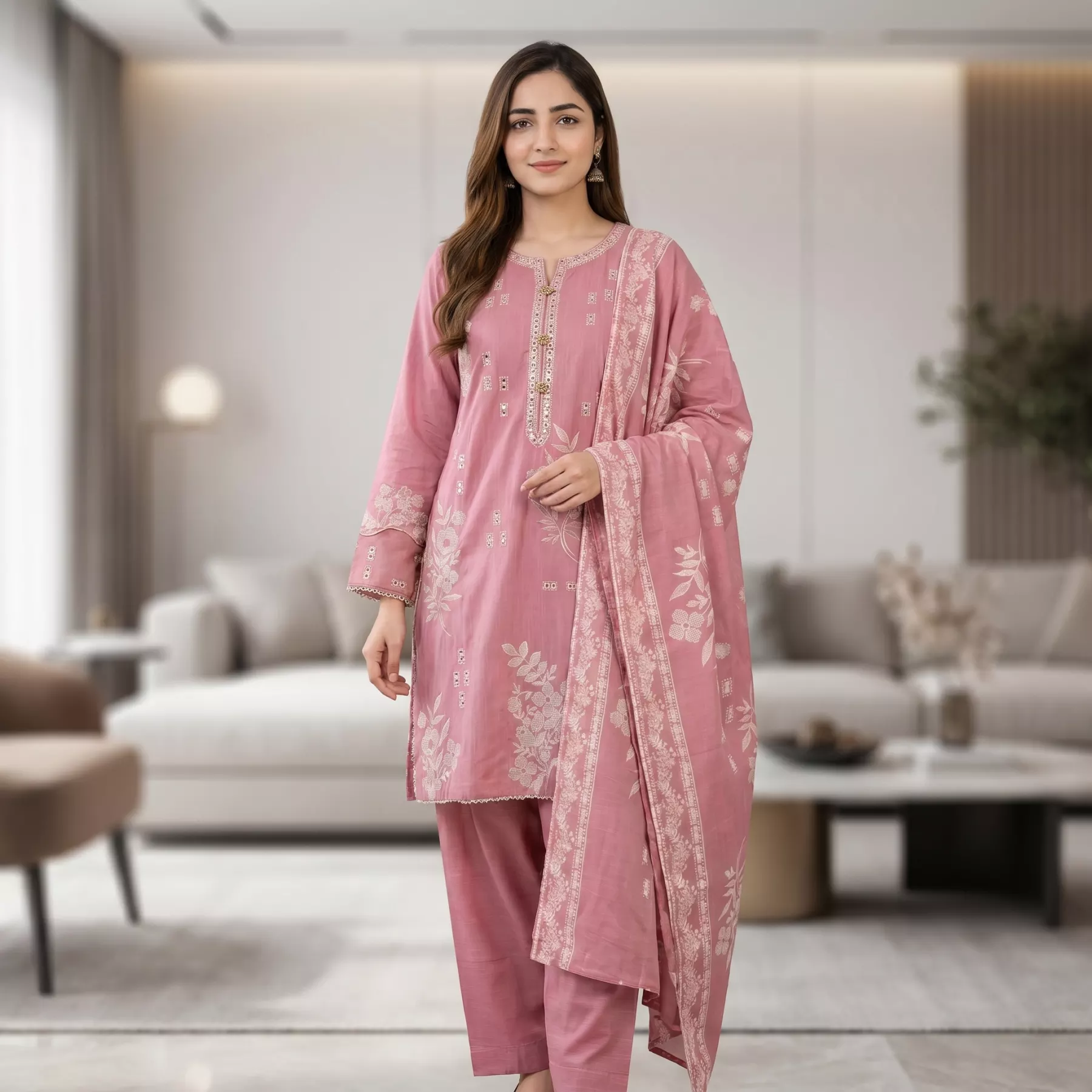 Pink 3 piece Khaddar Embroidered Stitched Suit
